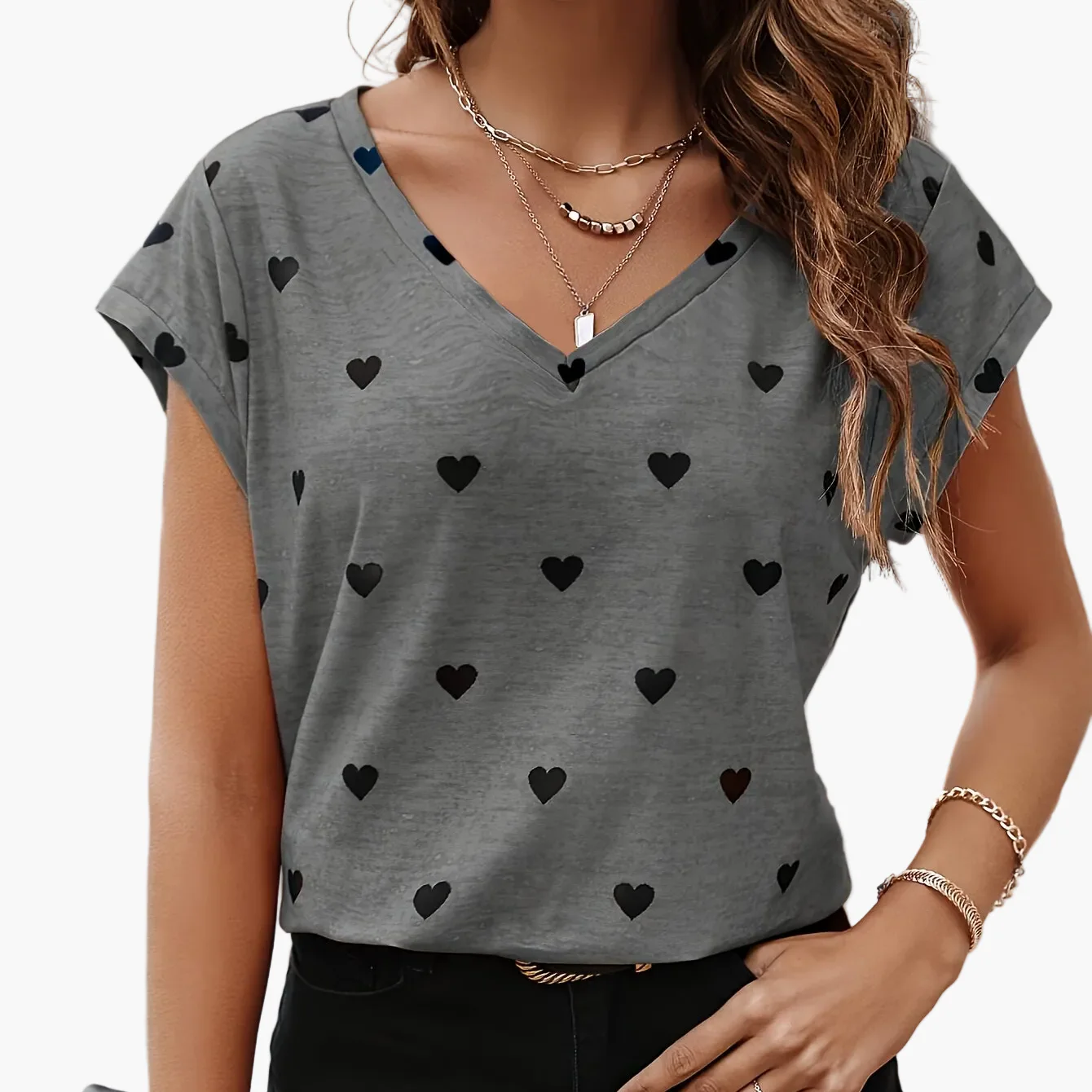 T-shirt femme élégant à imprimé cœurs, col V, style estival et chic - Image 11