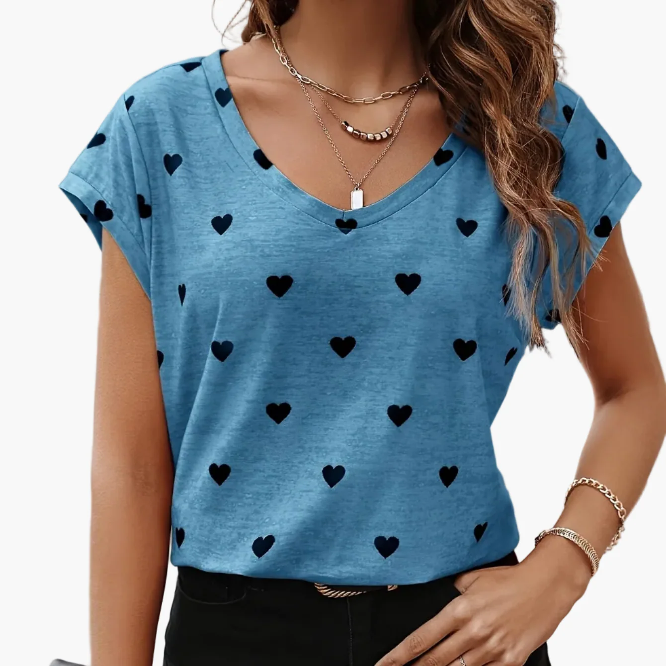 T-shirt femme élégant à imprimé cœurs, col V, style estival et chic - Image 12