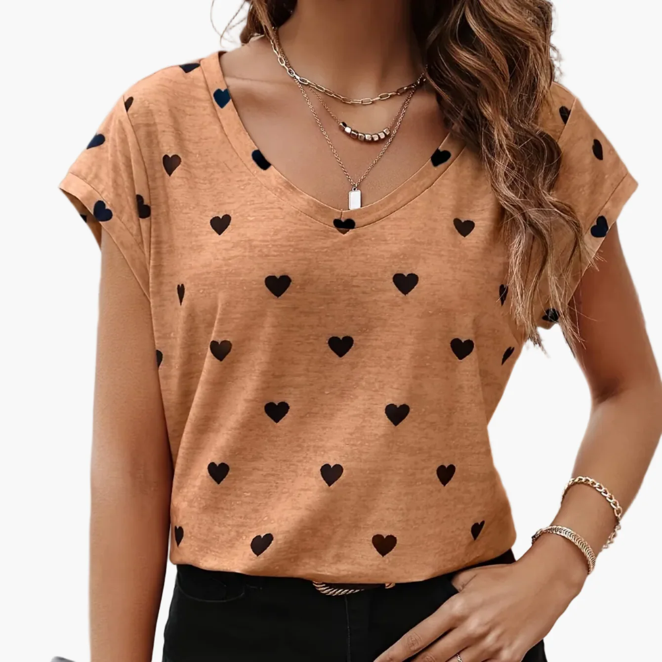 T-shirt femme élégant à imprimé cœurs, col V, style estival et chic - Image 13