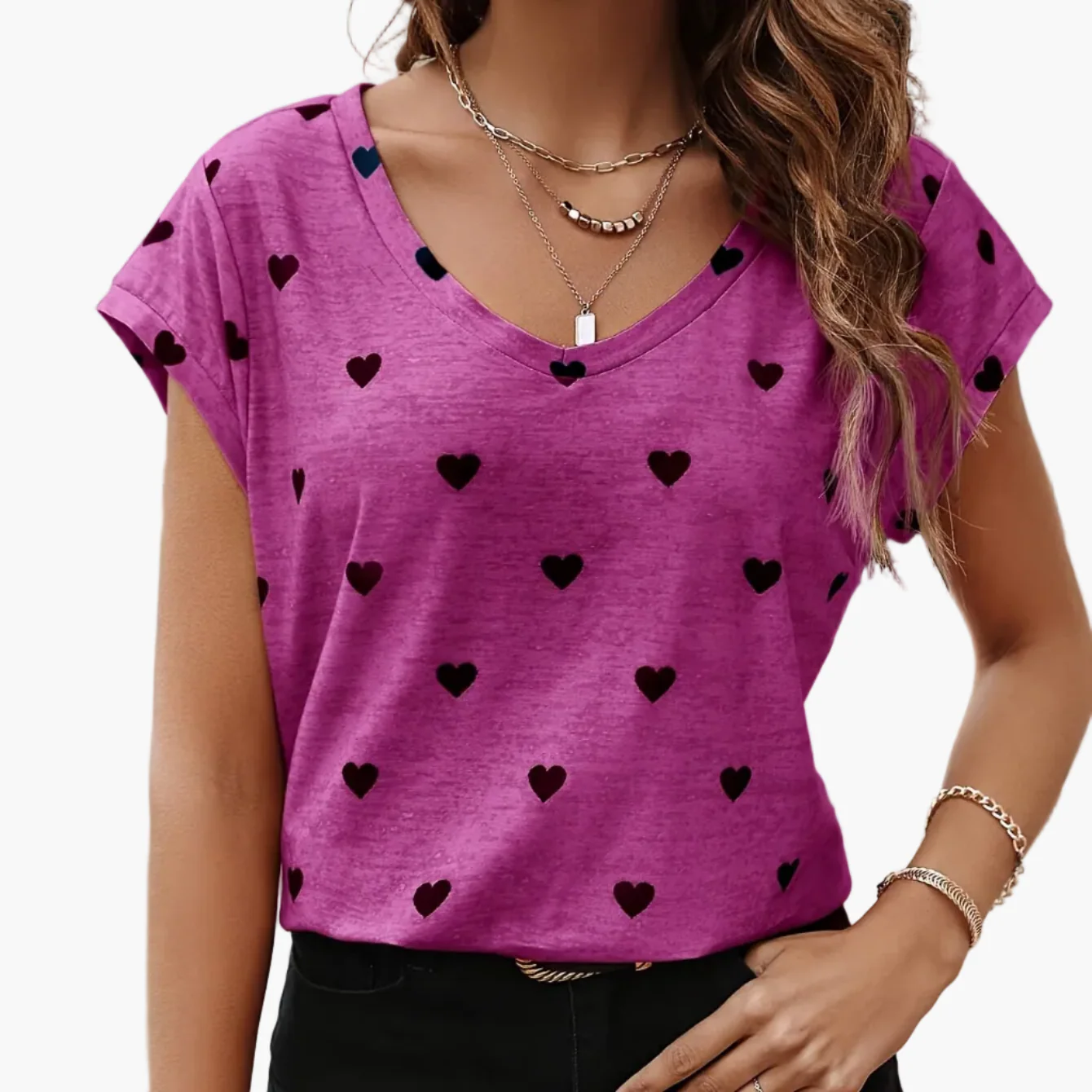 T-shirt femme élégant à imprimé cœurs, col V, style estival et chic - Image 14
