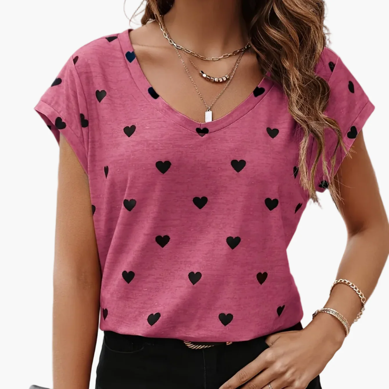 T-shirt femme élégant à imprimé cœurs, col V, style estival et chic - Image 15