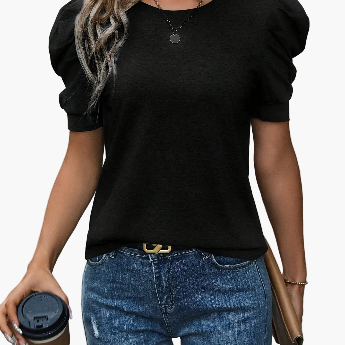 T-shirt Femme Élégant à Manches Bouffantes Style Décontracté Chic - Image 13
