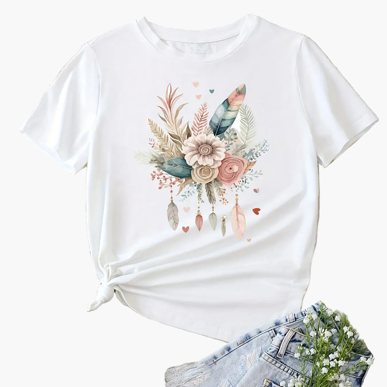 T-shirt Femme Style Bohème Motif Fleurs et Plumes, Décontracté Été - Image 11