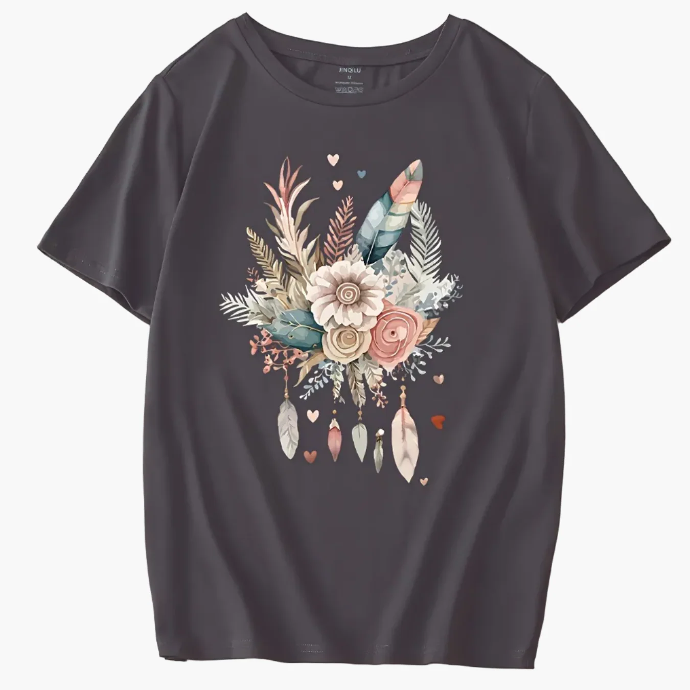 T-shirt Femme Style Bohème Motif Fleurs et Plumes, Décontracté Été - Image 12