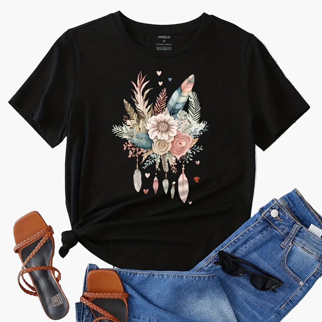 T-shirt Femme Style Bohème Motif Fleurs et Plumes, Décontracté Été - Image 13