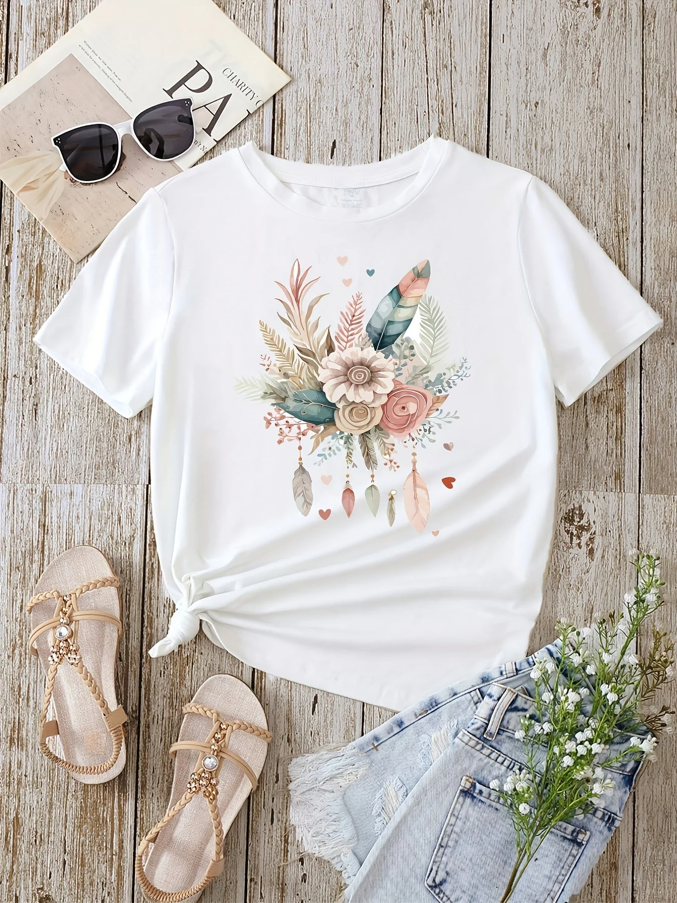 T-shirt Femme Style Bohème Motif Fleurs et Plumes, Décontracté Été - Image 2