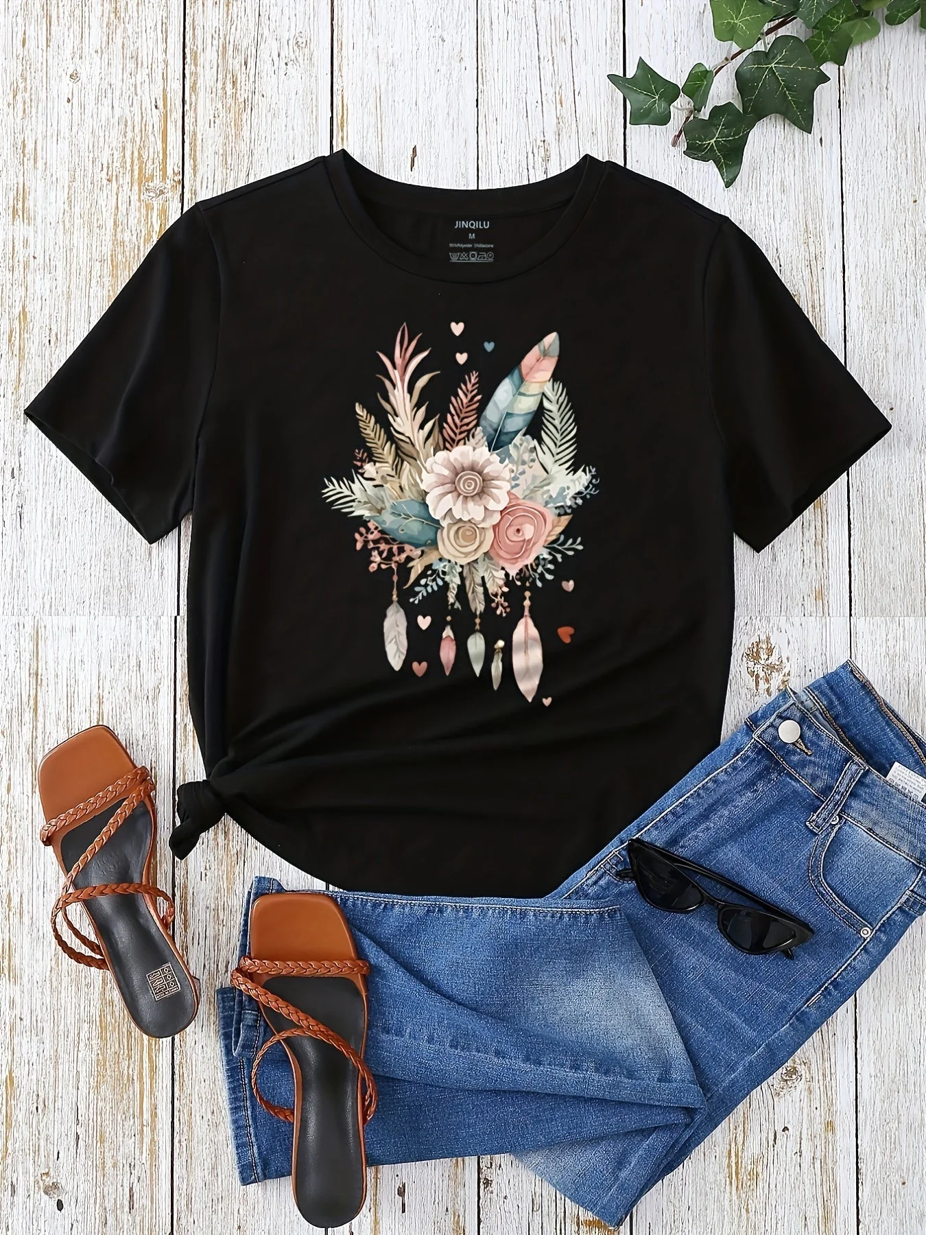 T-shirt Femme Style Bohème Motif Fleurs et Plumes, Décontracté Été - Image 3
