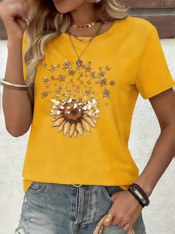 T-shirt femme style casual motif tournesol et papillons, imprimé tendance pour le printemps-été - Image 11