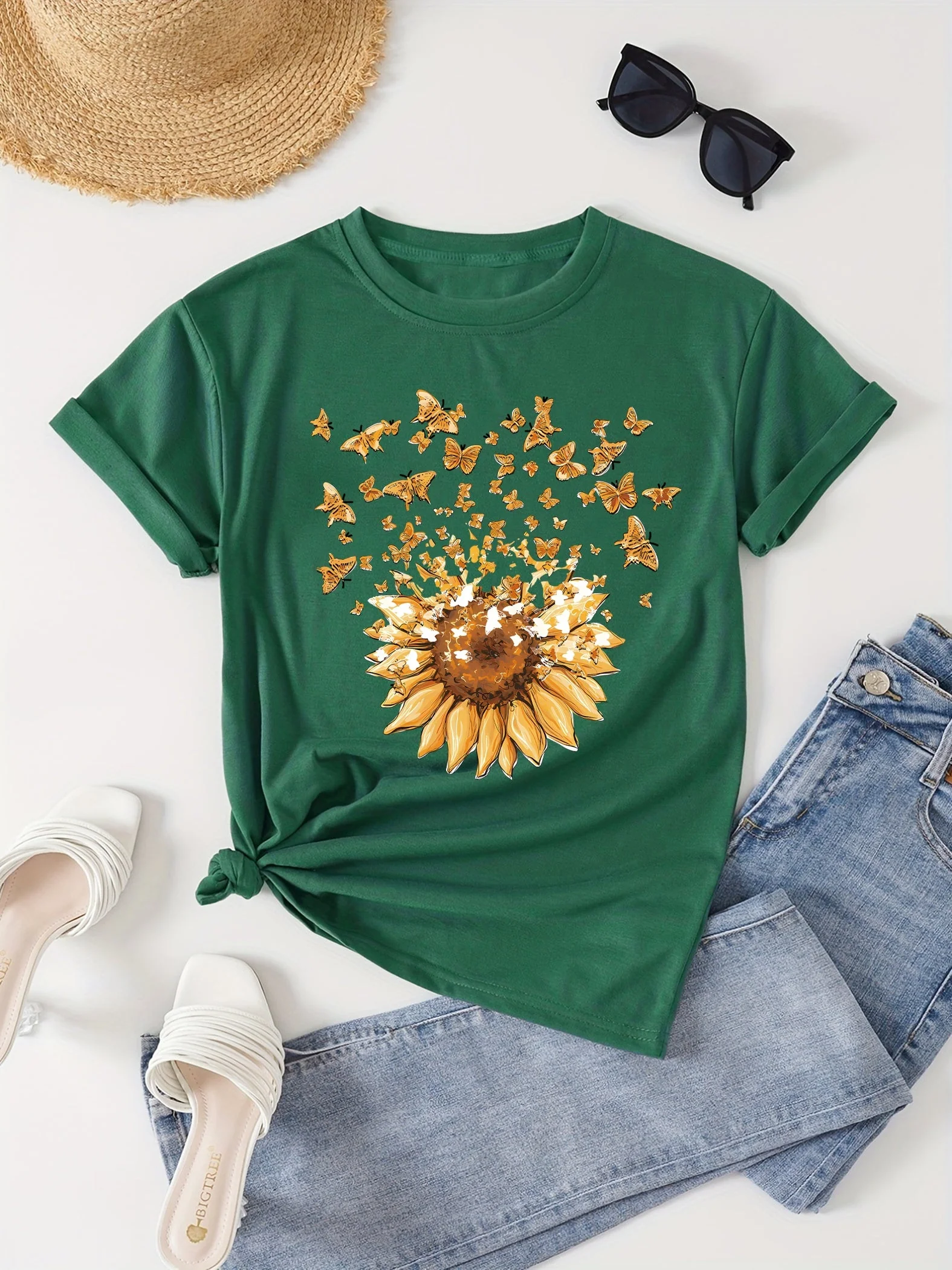 T-shirt femme style casual motif tournesol et papillons, imprimé tendance pour le printemps-été - Image 4