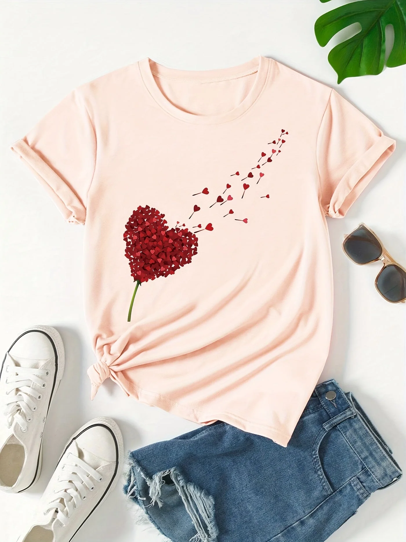 T-shirt Femme Style Décontracté Imprimé Cœur Volant pour Look Estival et Moderne - Image 2
