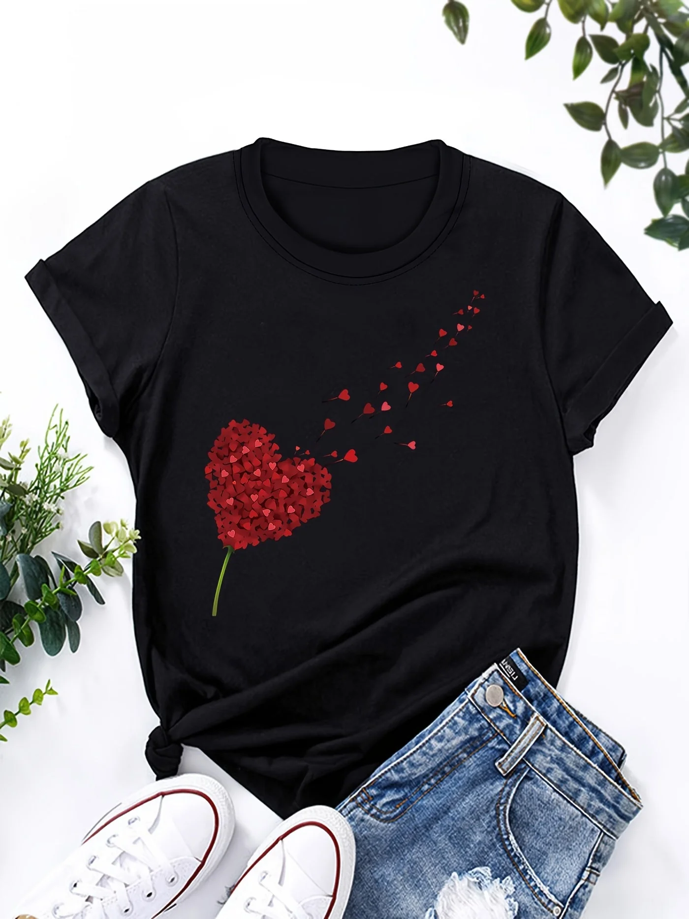 T-shirt Femme Style Décontracté Imprimé Cœur Volant pour Look Estival et Moderne - Image 3