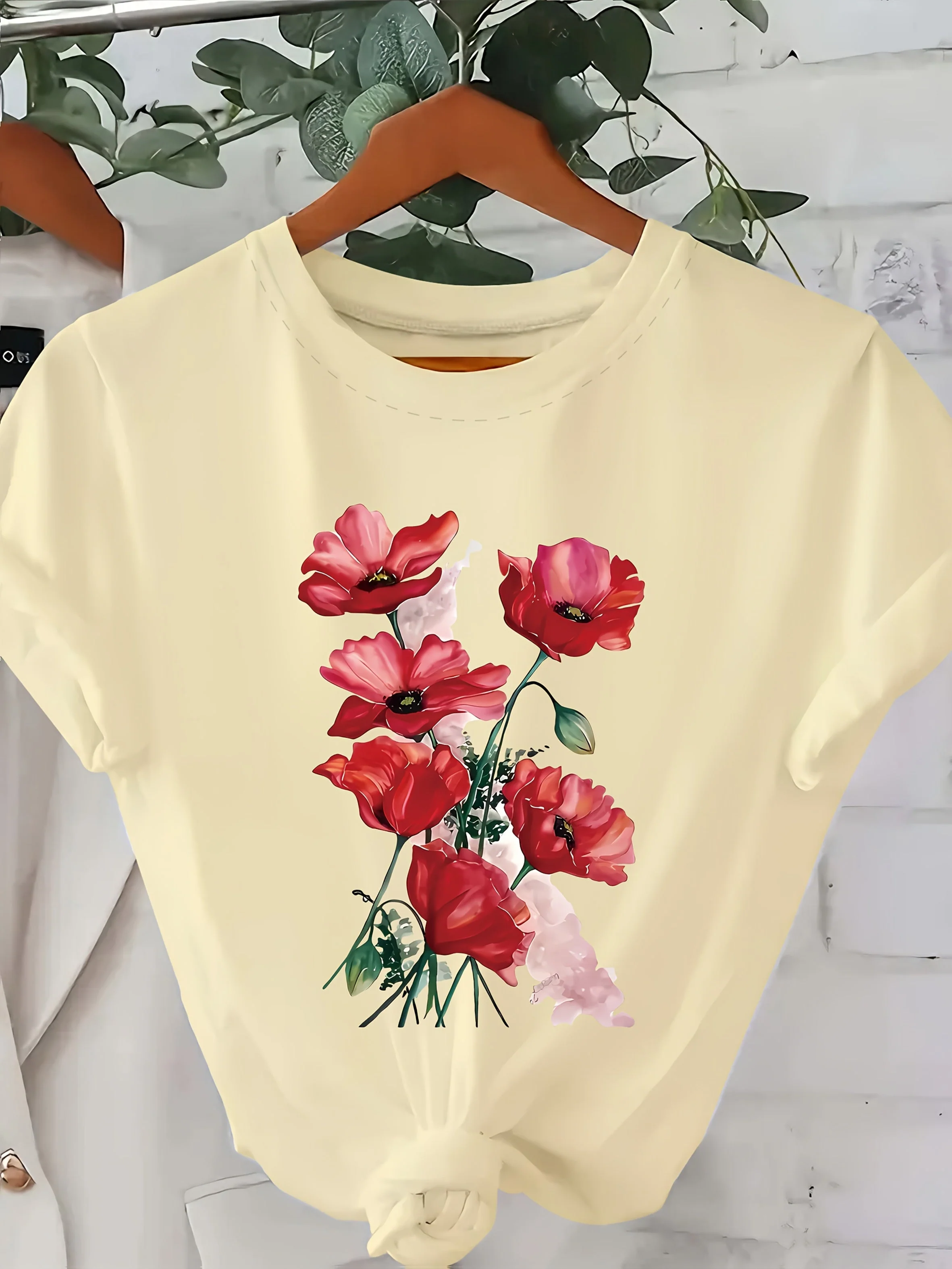 T-shirt Femme Style Décontracté à Imprimé Floral Artistique pour le Printemps et l'Été - Image 2