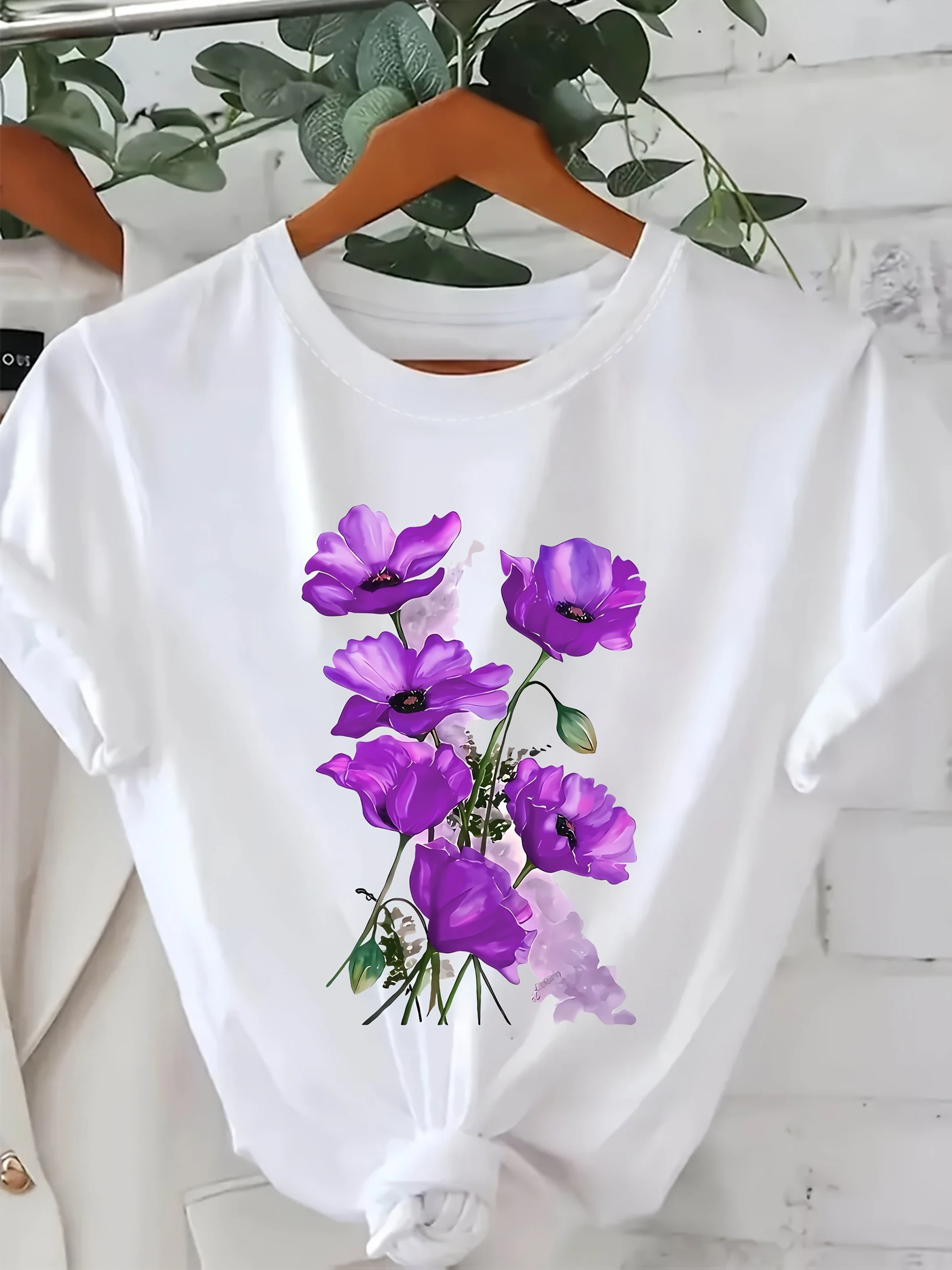 T-shirt Femme Style Décontracté à Imprimé Floral Artistique pour le Printemps et l'Été - Image 4