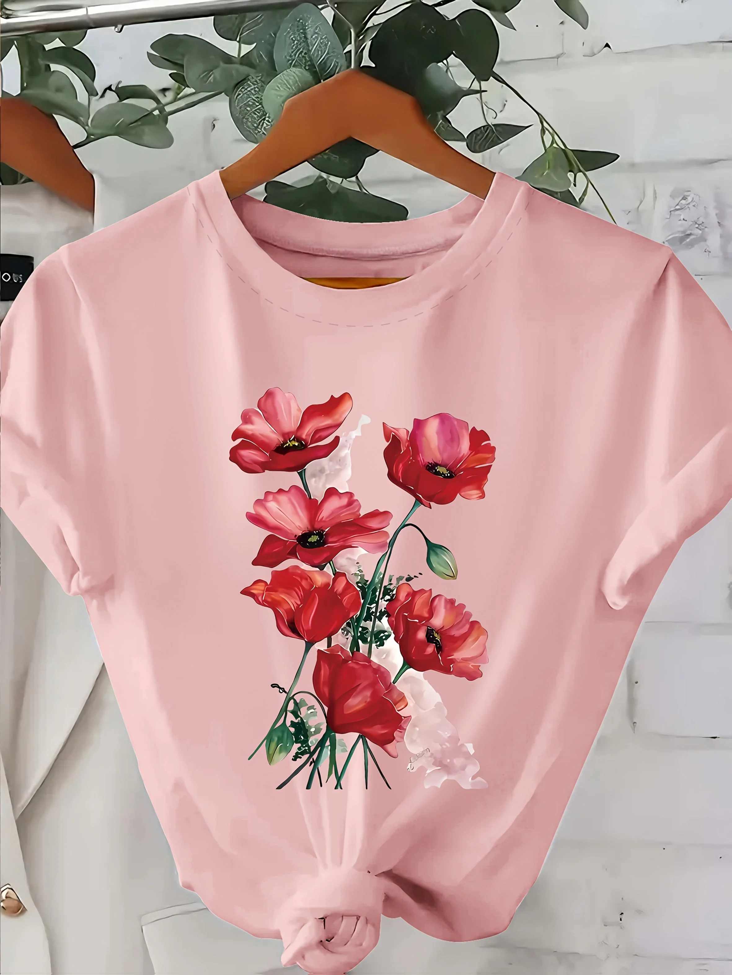 T-shirt Femme Style Décontracté à Imprimé Floral Artistique pour le Printemps et l'Été - Image 5