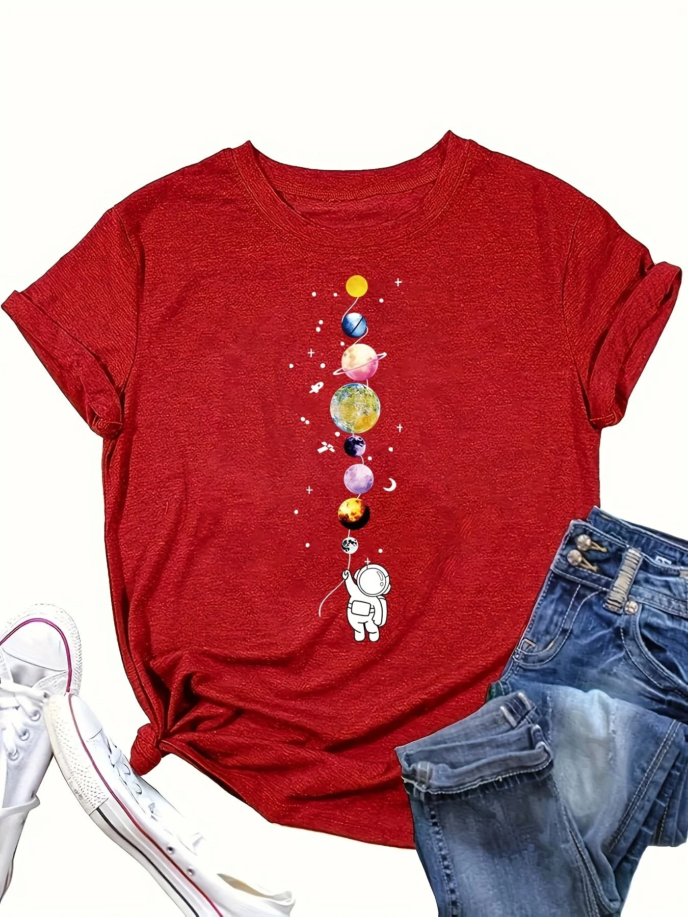 T-shirt femme style décontracté motif astronaute et planètes, inspiration espace, idéal pour les passionnées de science et mode urbaine - Image 6