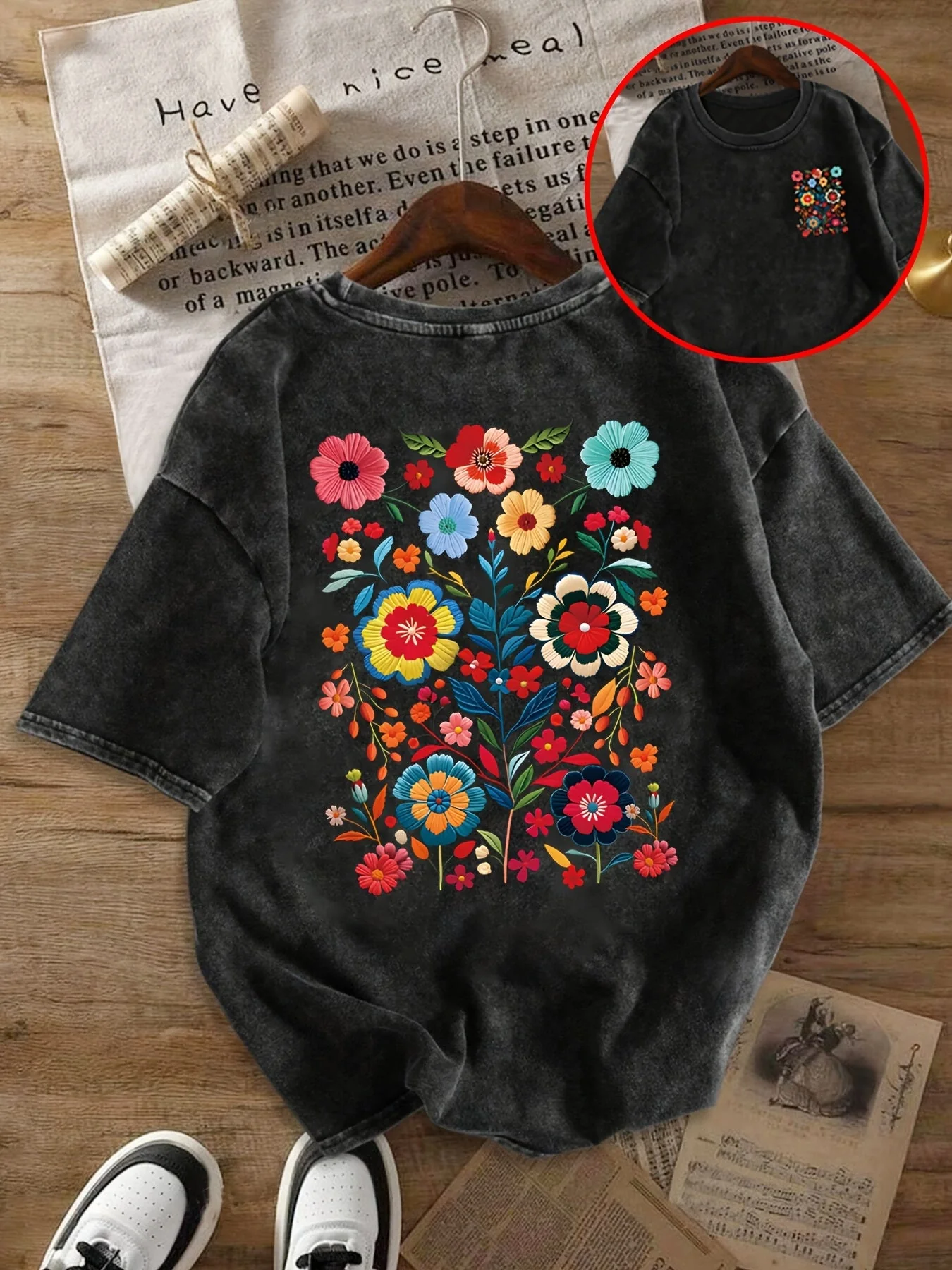 T-shirt Femme Style Décontracté Motif Floral Brodé - Mode Été à la Tendance Bohème - Image 2