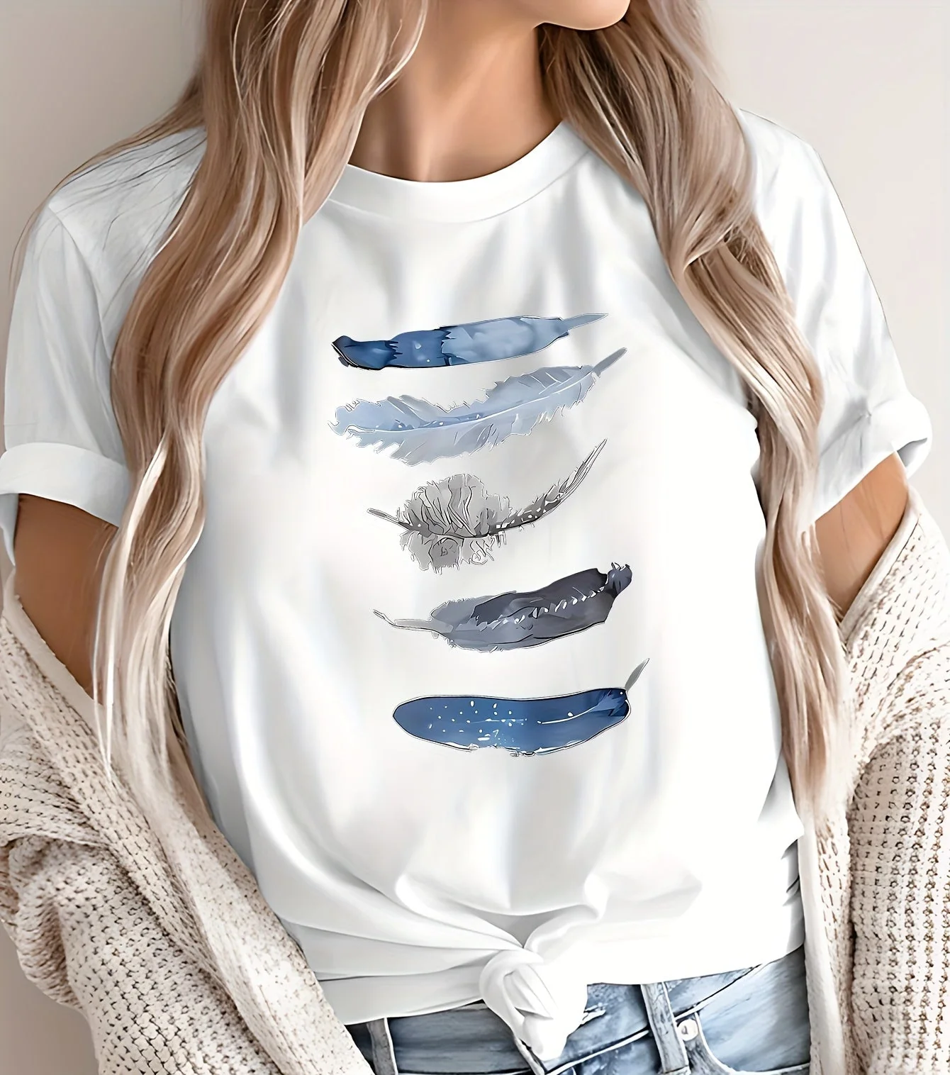 T-shirt Femme Style Décontracté avec Motif Plumes Artisitique – Idéal Pour le Printemps et l'Été - Image 2