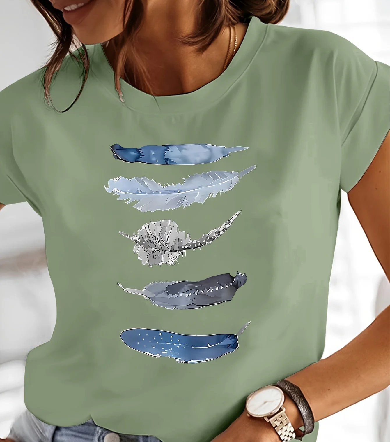 T-shirt Femme Style Décontracté avec Motif Plumes Artisitique – Idéal Pour le Printemps et l'Été - Image 6