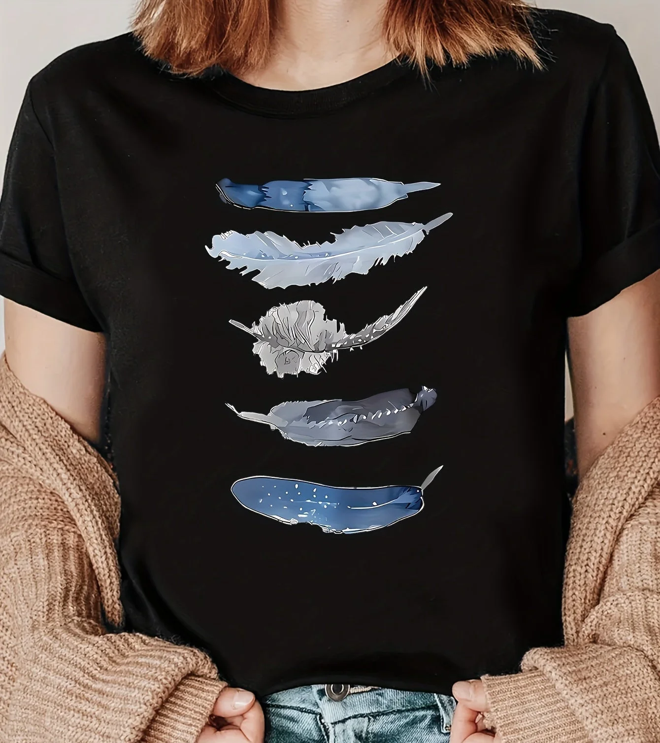 T-shirt Femme Style Décontracté avec Motif Plumes Artisitique – Idéal Pour le Printemps et l'Été - Image 8