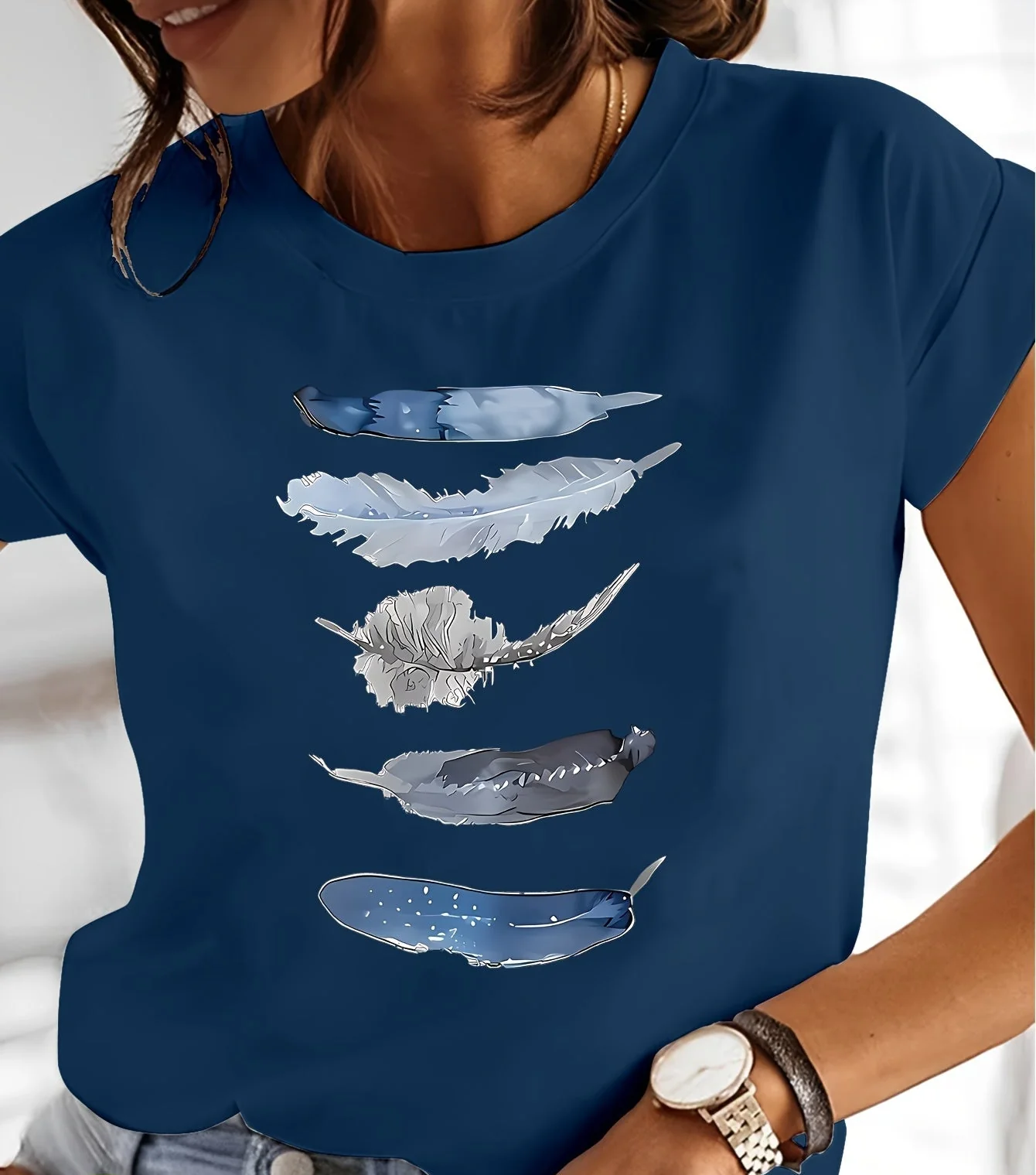 T-shirt Femme Style Décontracté avec Motif Plumes Artisitique – Idéal Pour le Printemps et l'Été - Image 9
