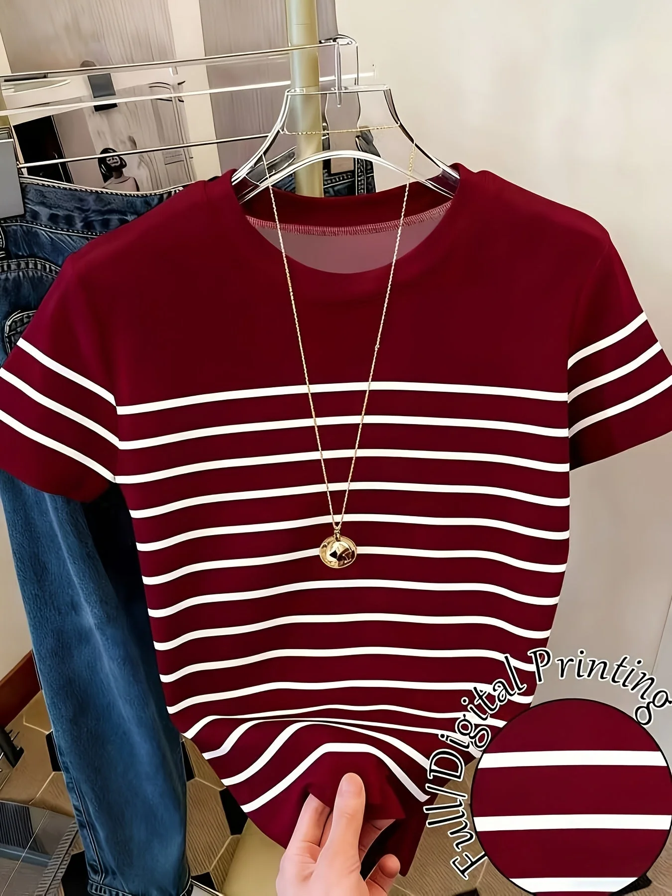 T-shirt pour femme style décontracté à rayures et fronces, manches courtes, col rond, tendance été - Image 9