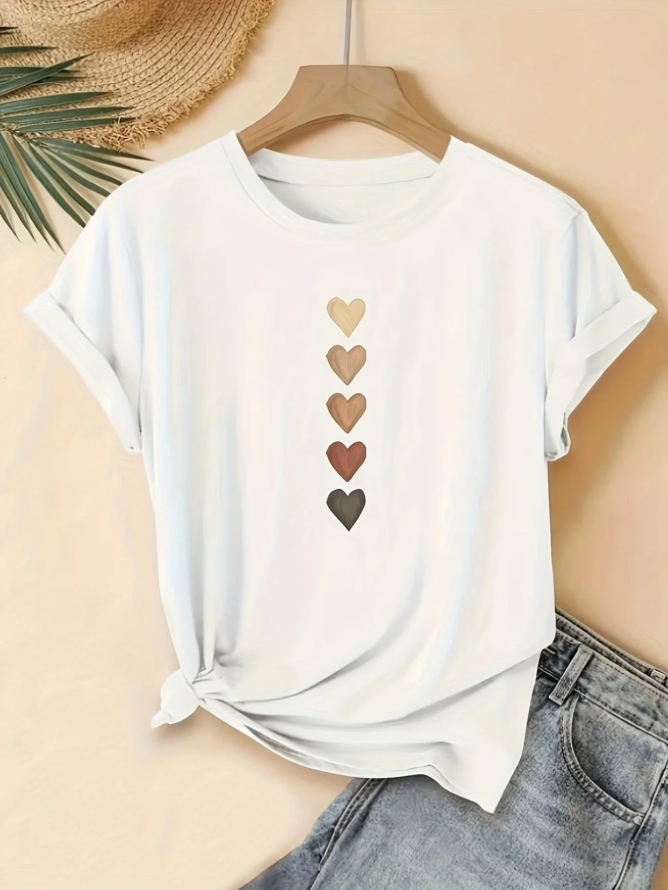 T-shirt femme style vacances à motif cœurs dégradés - Coupe décontractée, col rond - Image 7