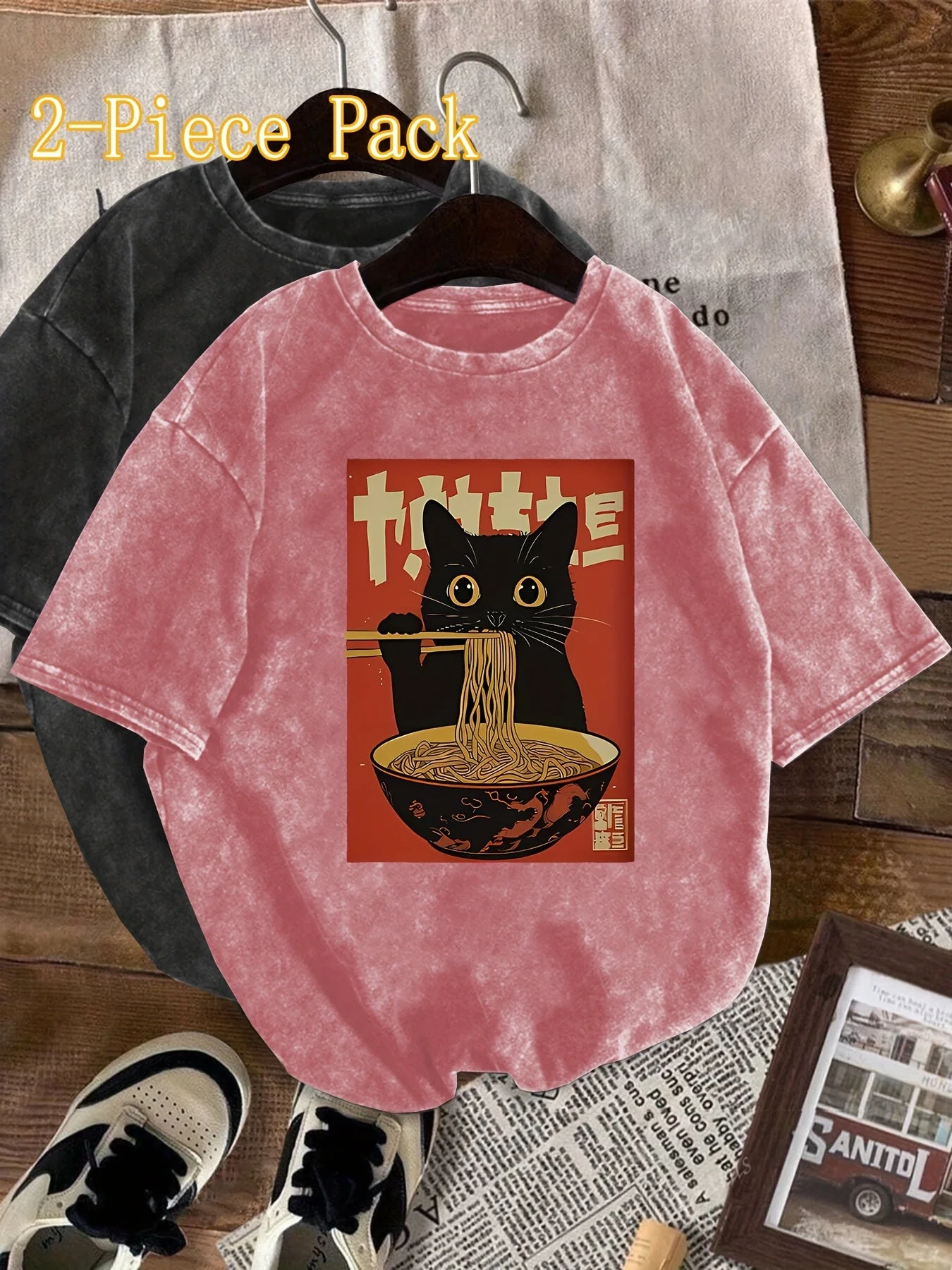 T-shirt Femme Style Vintage avec Chat Mangeant des Nouilles – Graphique Japonais, Décontracté et Original - Image 7