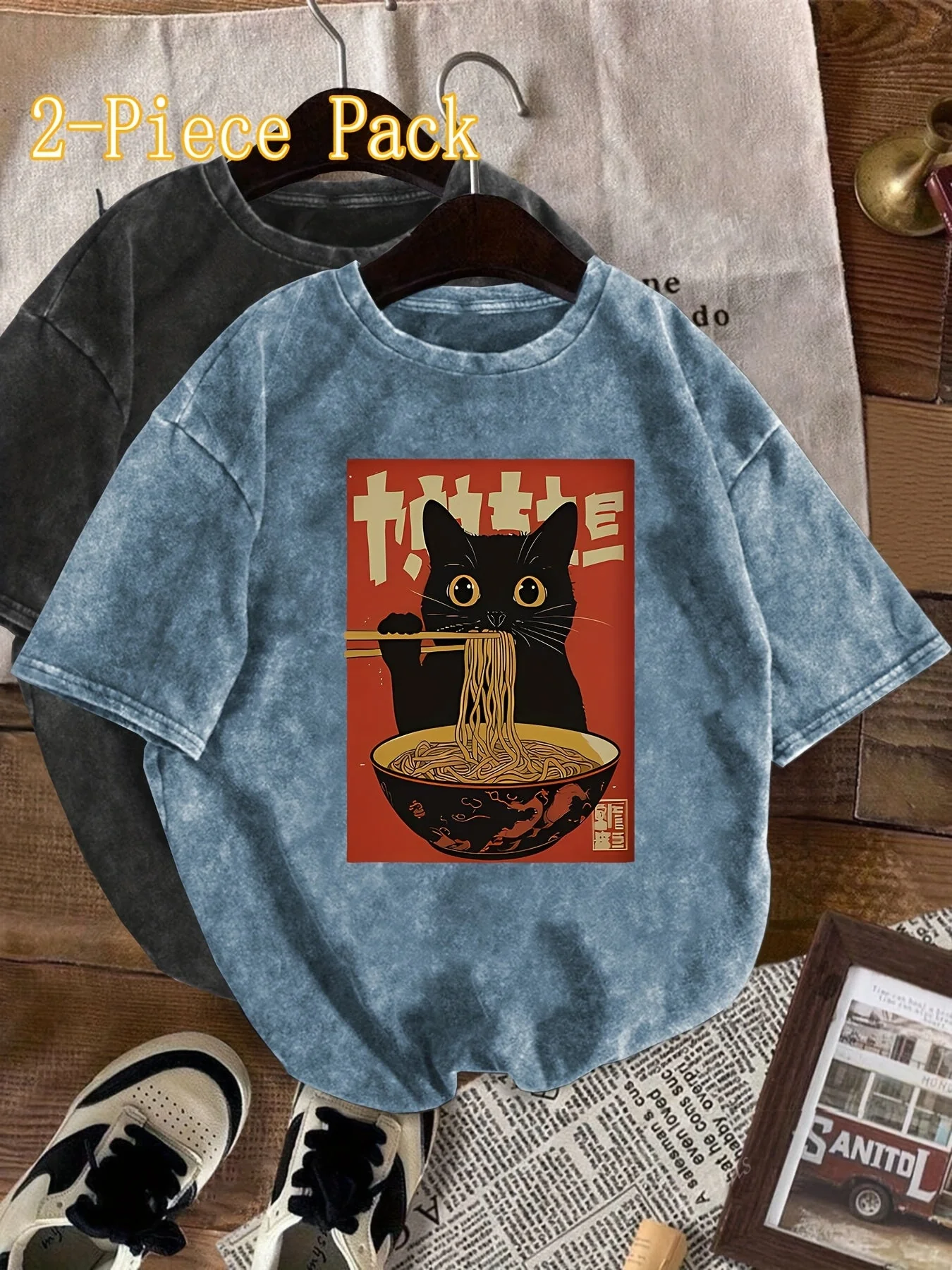 T-shirt Femme Style Vintage avec Chat Mangeant des Nouilles – Graphique Japonais, Décontracté et Original - Image 8