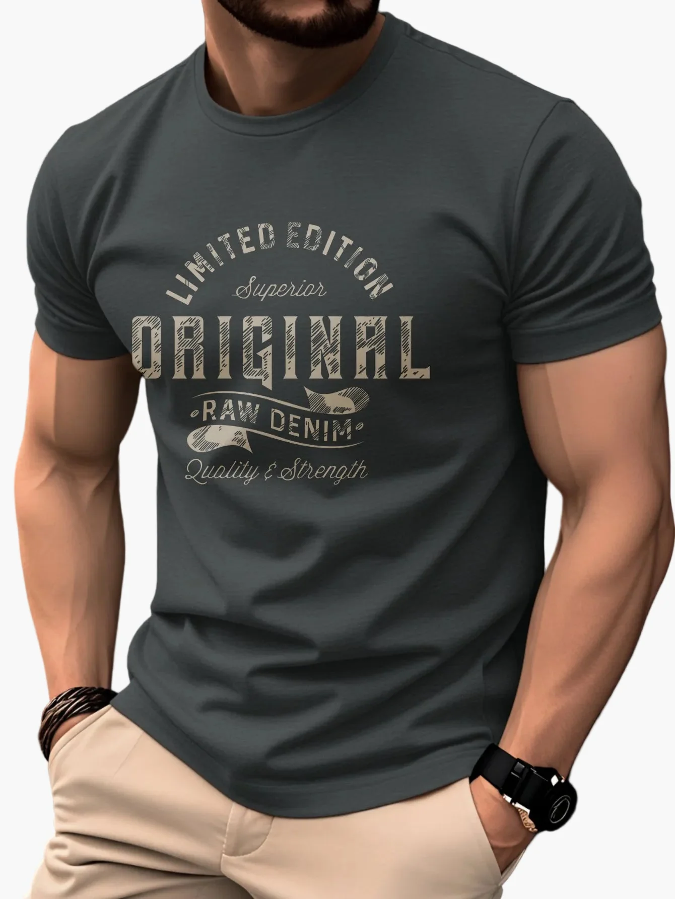 T-shirt Homme Casual Style Vintage Imprimé "Original Raw Denim" – Mode Quotidienne et Décontractée - Image 3