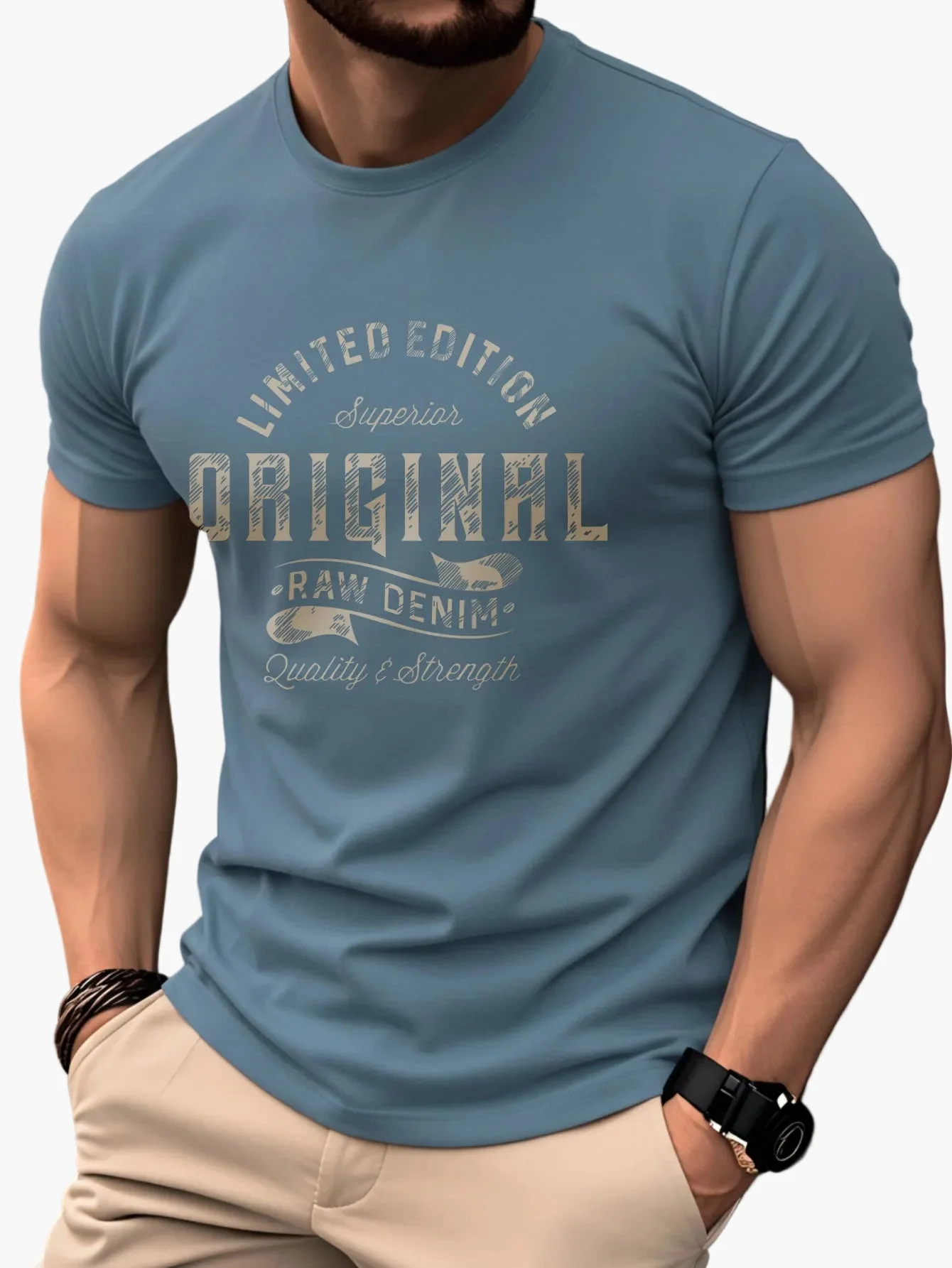 T-shirt Homme Casual Style Vintage Imprimé "Original Raw Denim" – Mode Quotidienne et Décontractée - Image 4
