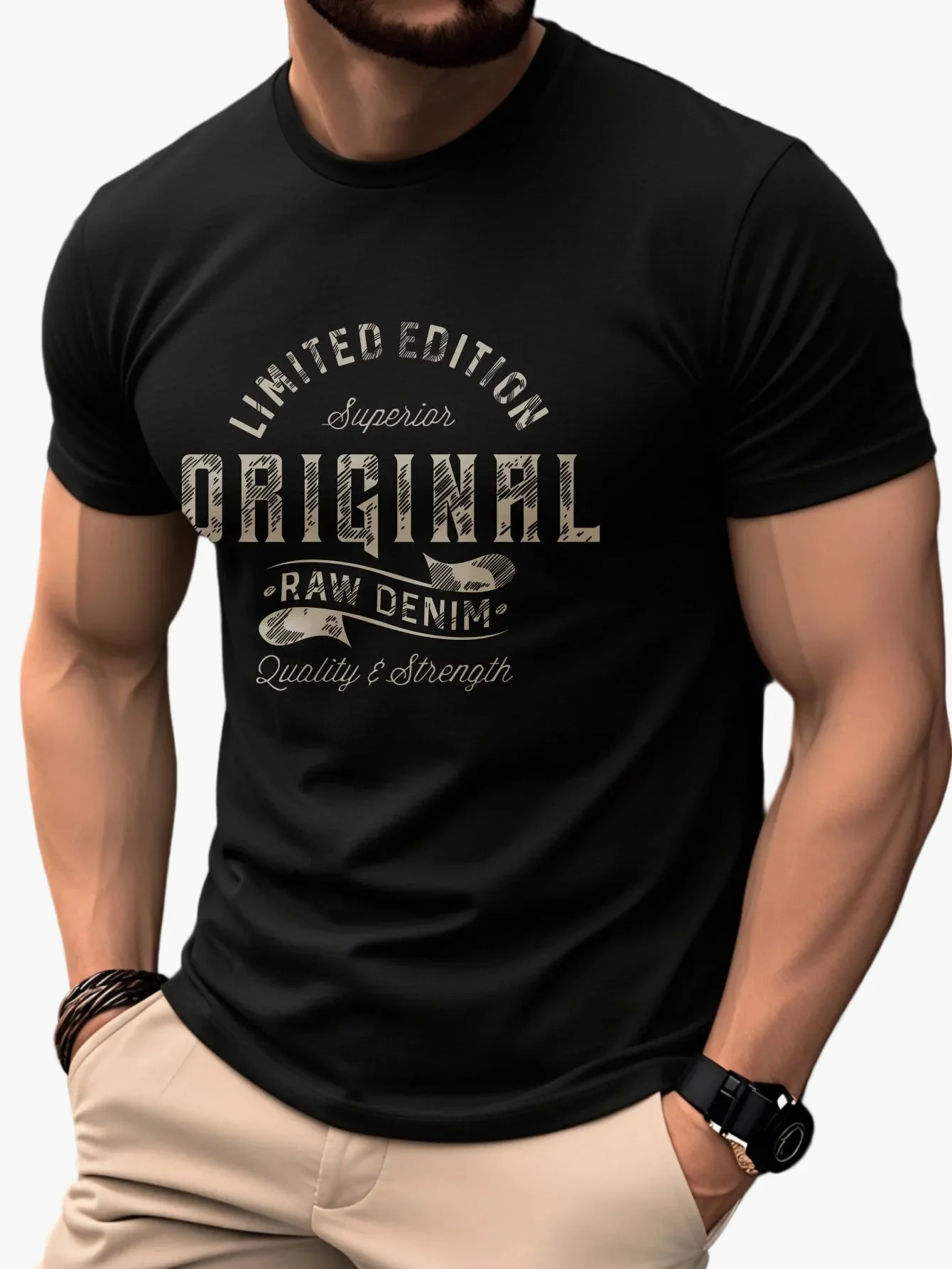 T-shirt Homme Casual Style Vintage Imprimé "Original Raw Denim" – Mode Quotidienne et Décontractée - Image 5
