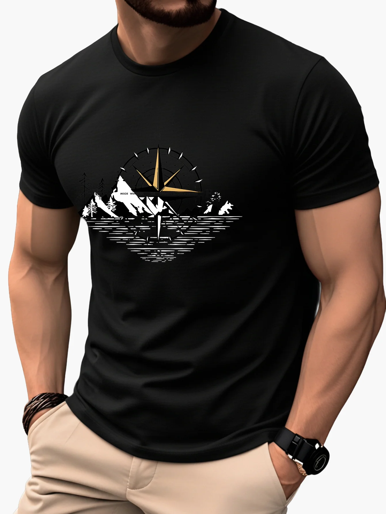 T-shirt Homme Style Aventure Montagne Boussole Graphique – Casual et Voyage - Image 3