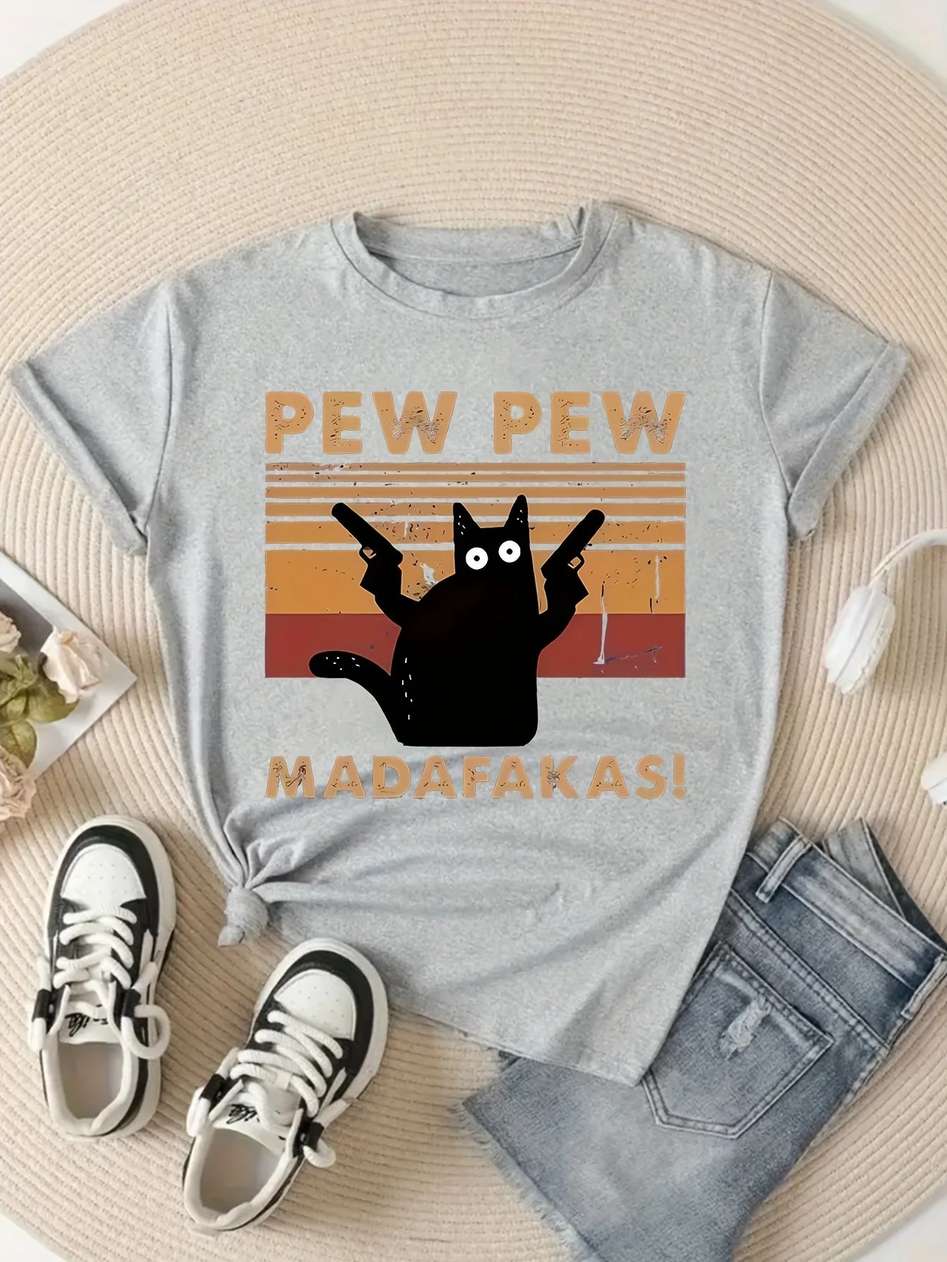 T-shirt humoristique homme style rétro chat "Pew Pew Madafakas" - Casual été - Image 2