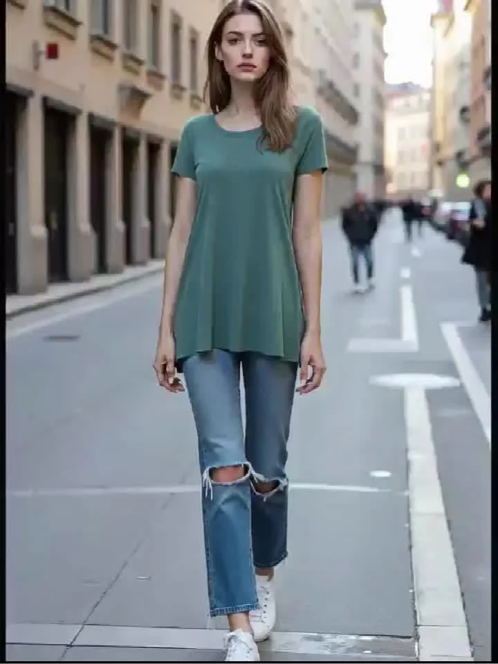 T-shirt long décontracté femme manches courtes col rond style ample pour usage quotidien - Image 12