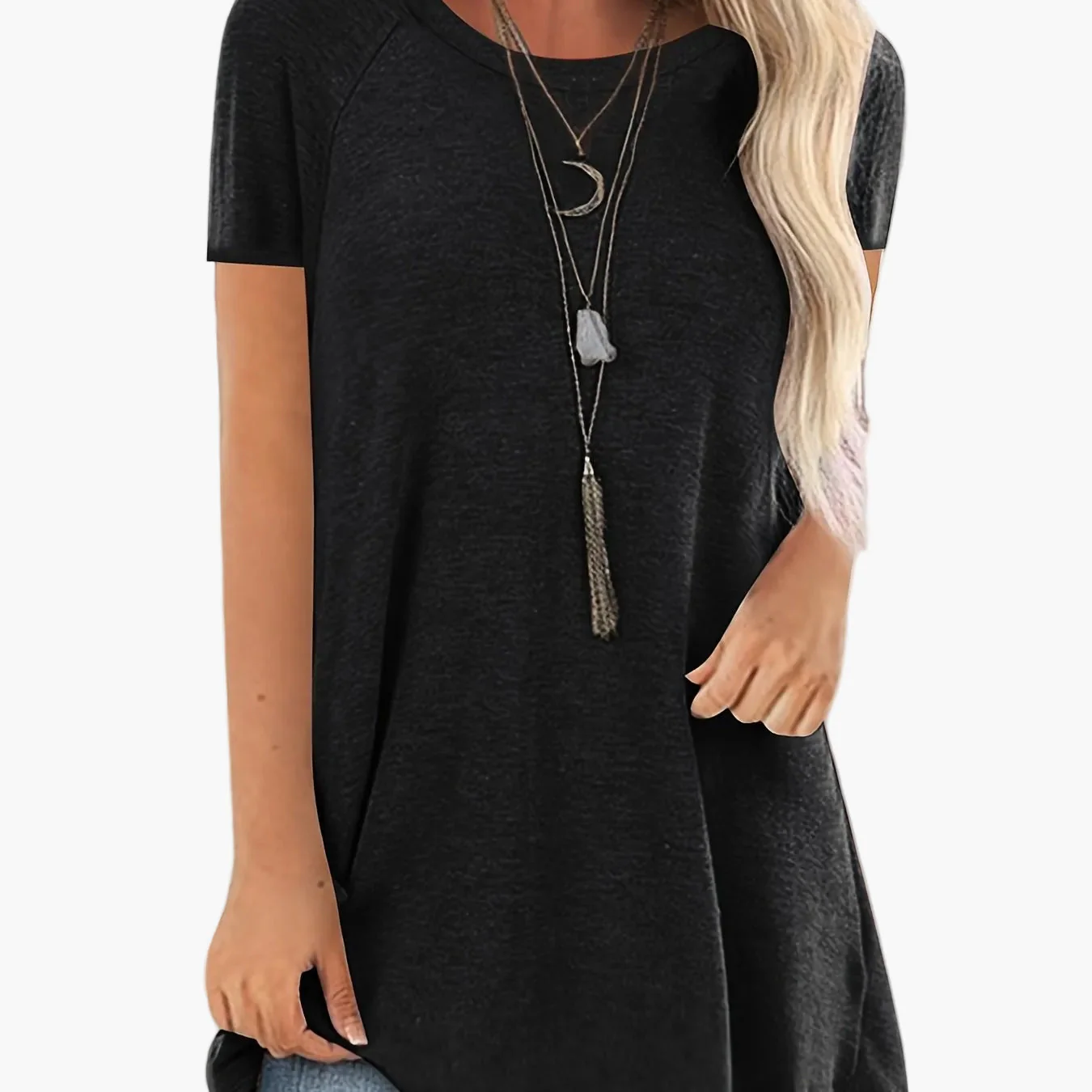 T-shirt long décontracté femme manches courtes col rond style ample pour usage quotidien - Image 13
