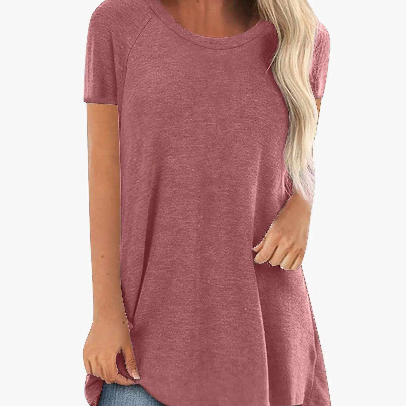 T-shirt long décontracté femme manches courtes col rond style ample pour usage quotidien - Image 15