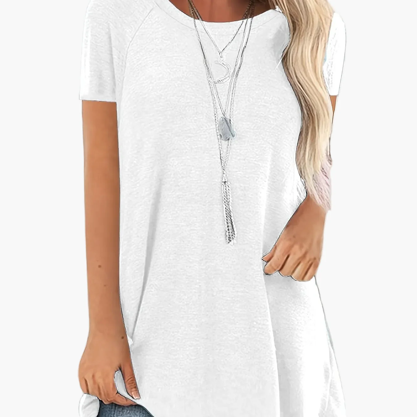 T-shirt long décontracté femme manches courtes col rond style ample pour usage quotidien - Image 18