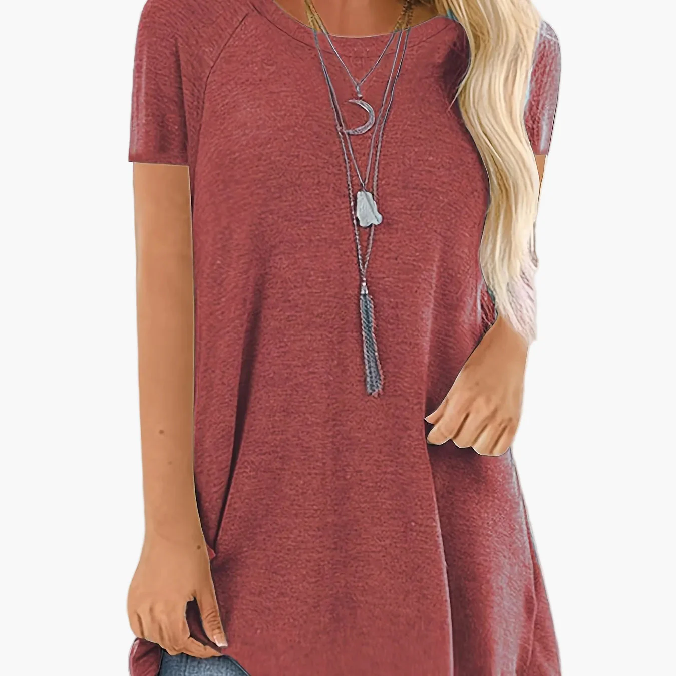 T-shirt long décontracté femme manches courtes col rond style ample pour usage quotidien - Image 19