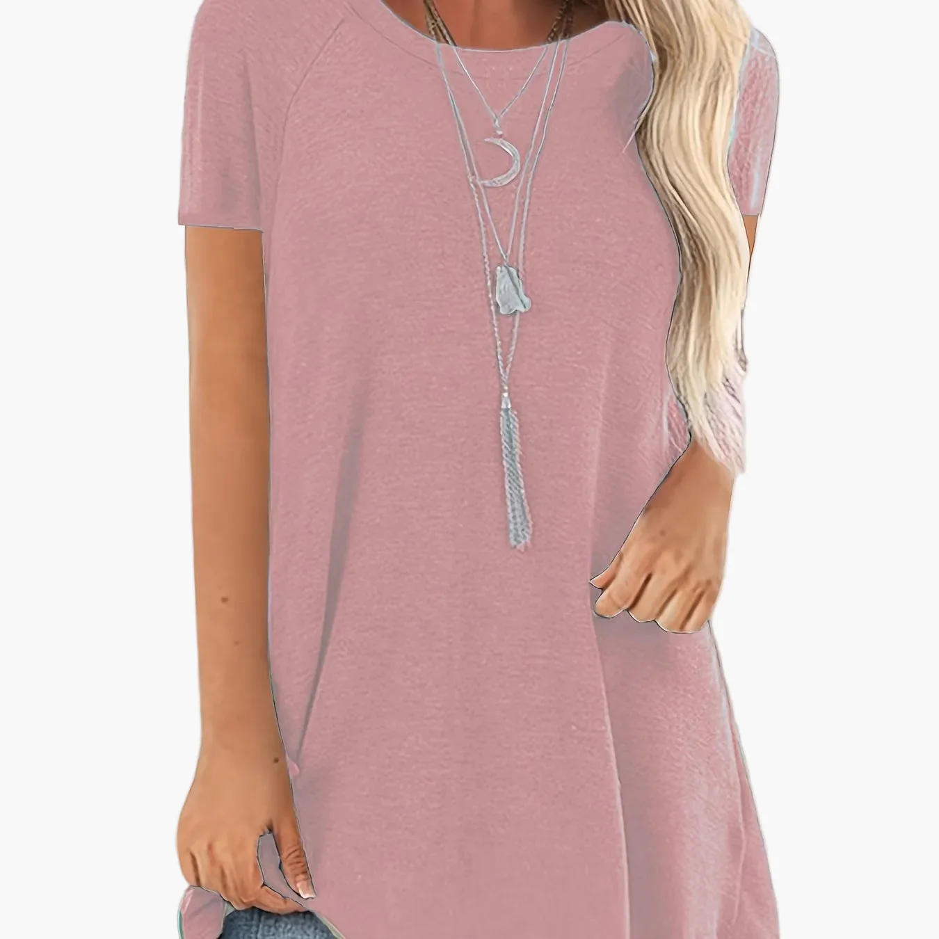 T-shirt long décontracté femme manches courtes col rond style ample pour usage quotidien - Image 24
