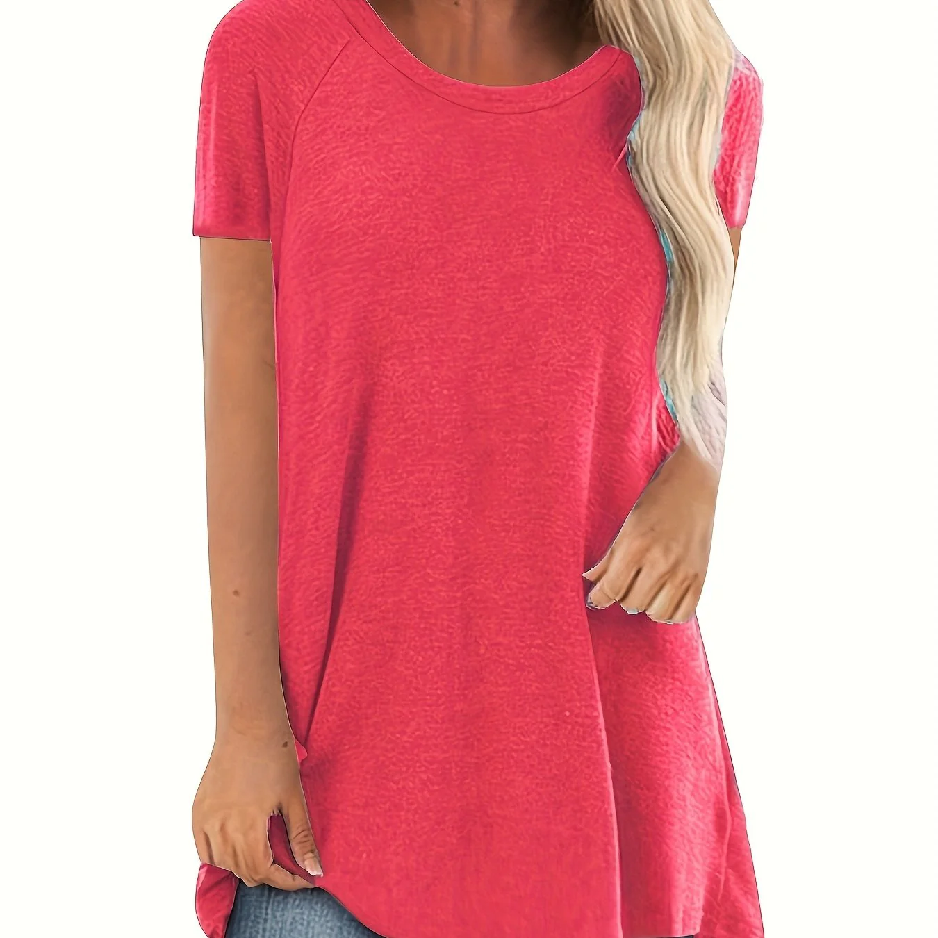 T-shirt long décontracté femme manches courtes col rond style ample pour usage quotidien - Image 25