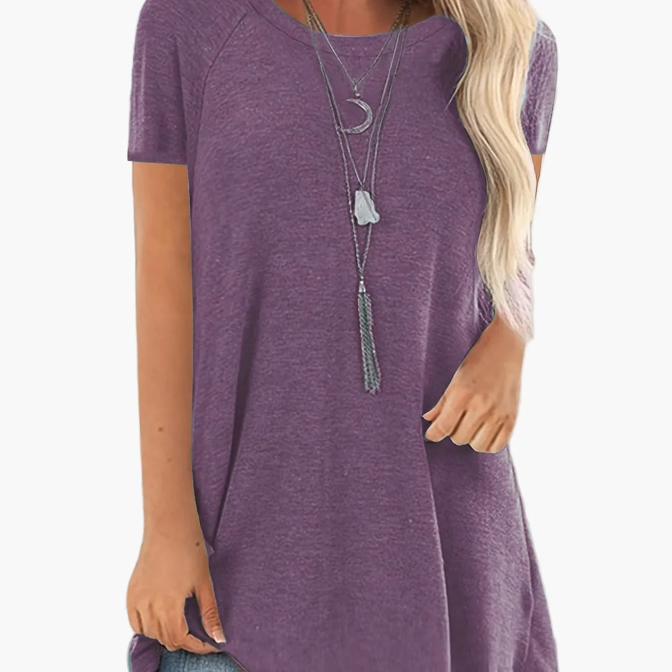 T-shirt long décontracté femme manches courtes col rond style ample pour usage quotidien - Image 26