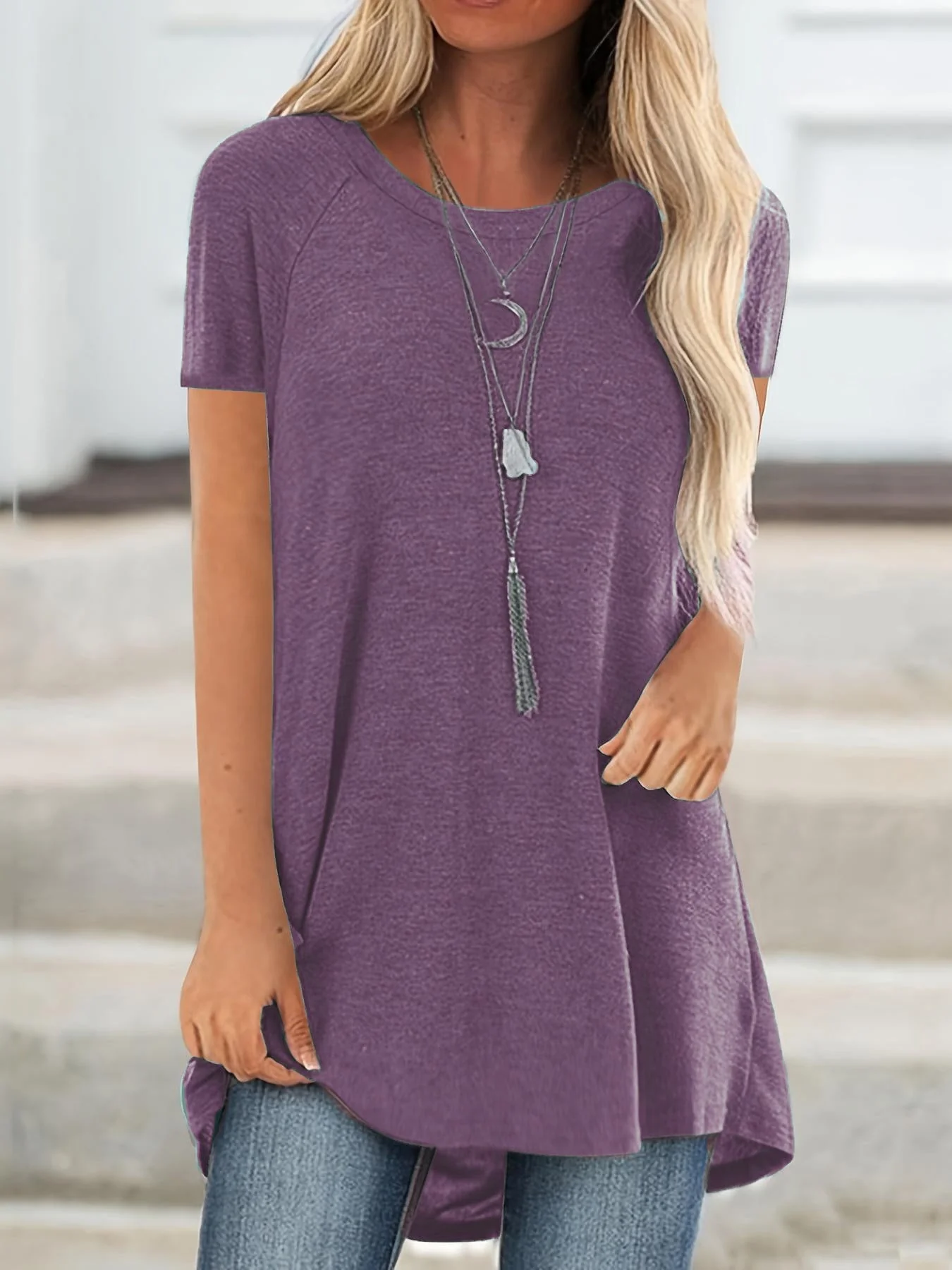 T-shirt long décontracté femme manches courtes col rond style ample pour usage quotidien - Image 6