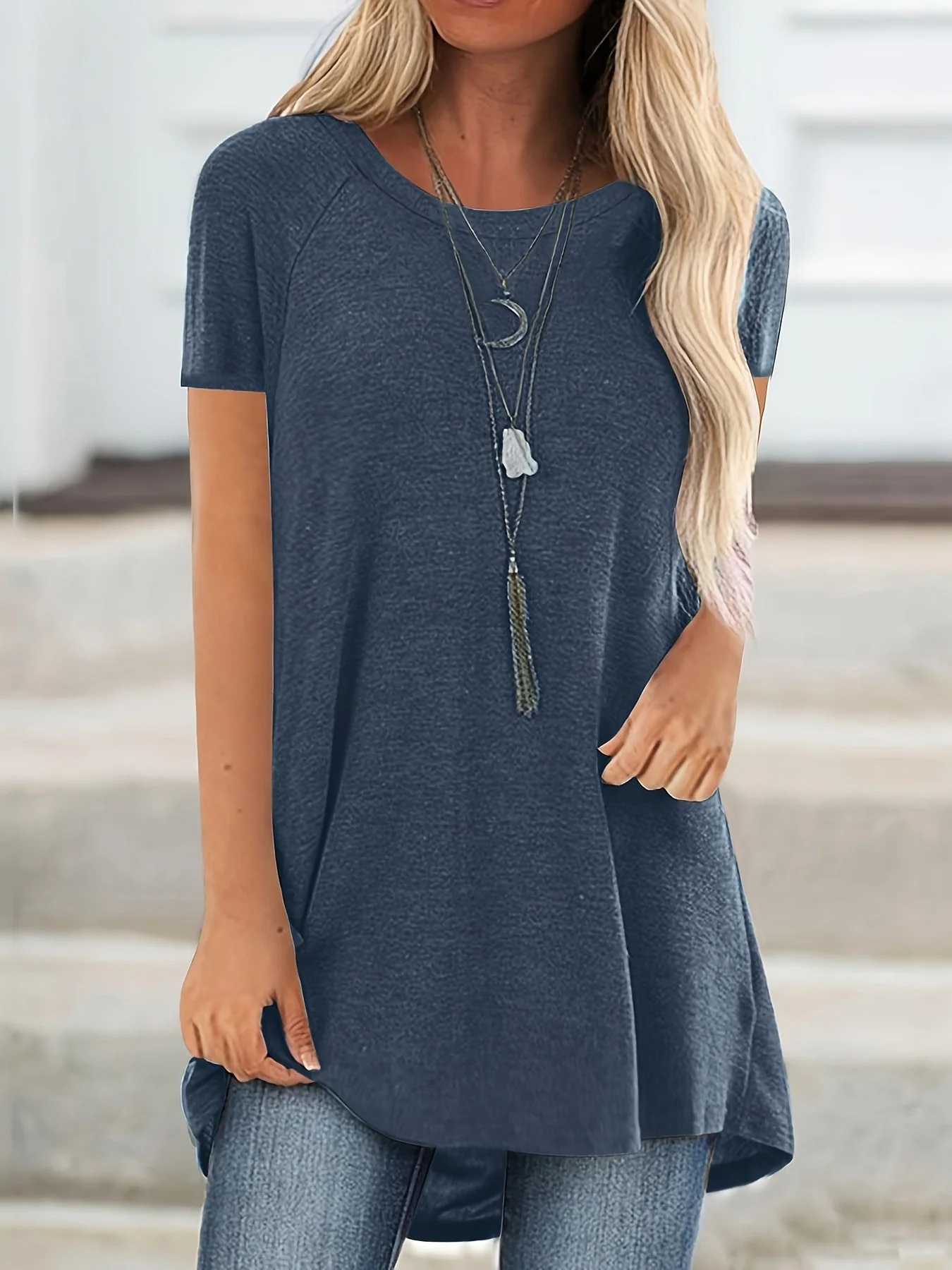 T-shirt long décontracté femme manches courtes col rond style ample pour usage quotidien - Image 9