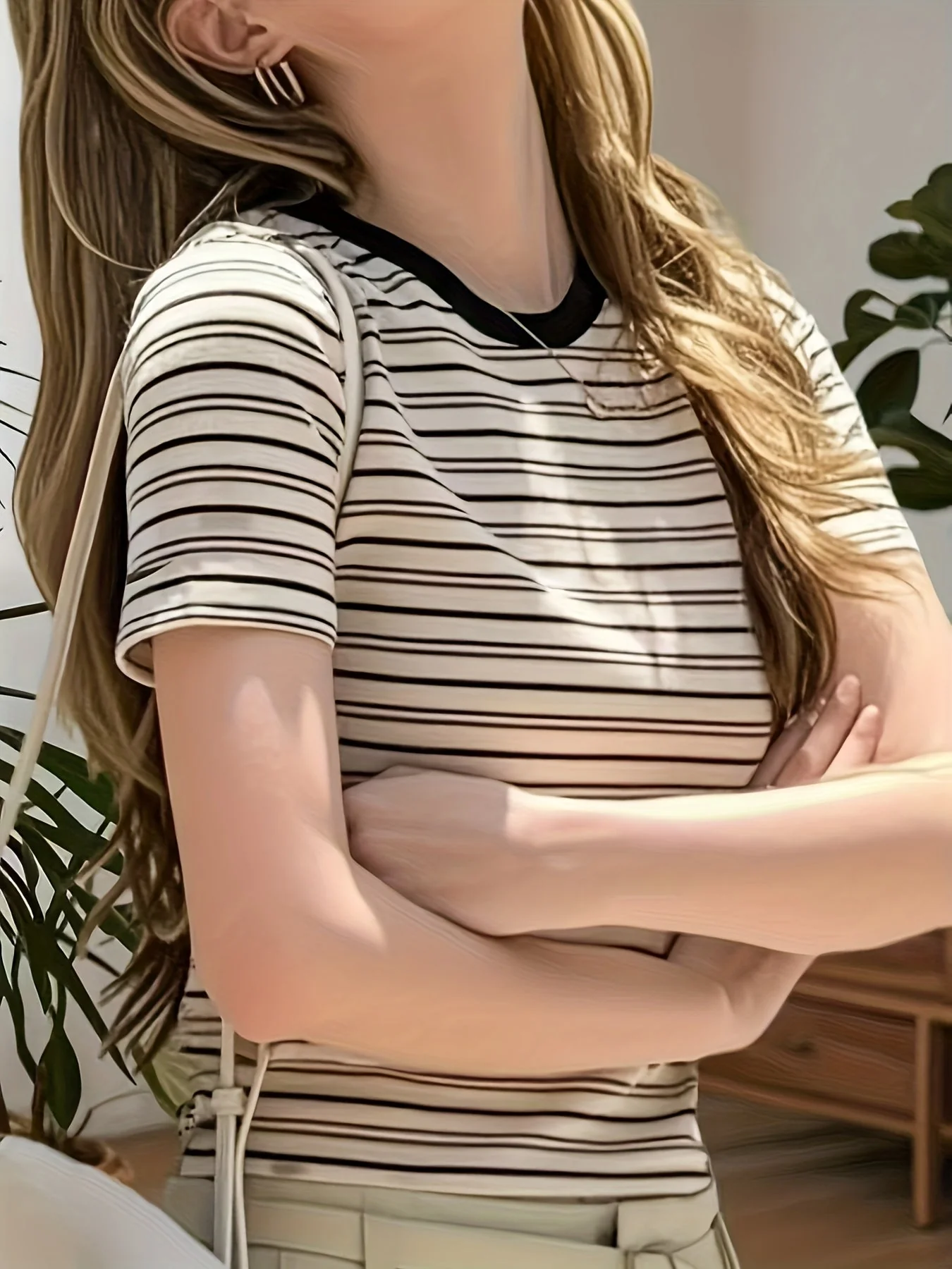 T-shirt rayé chic pour femme à col rond – Style élégant, idéal pour l’été - Image 5