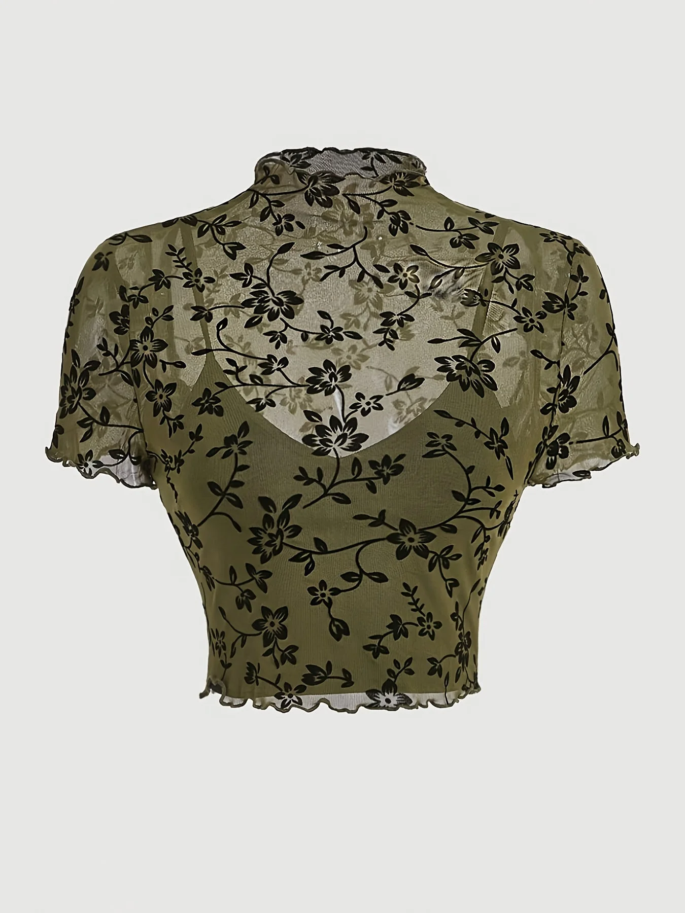 Top court femme style élégant imprimé floral transparent col montant - Image 2