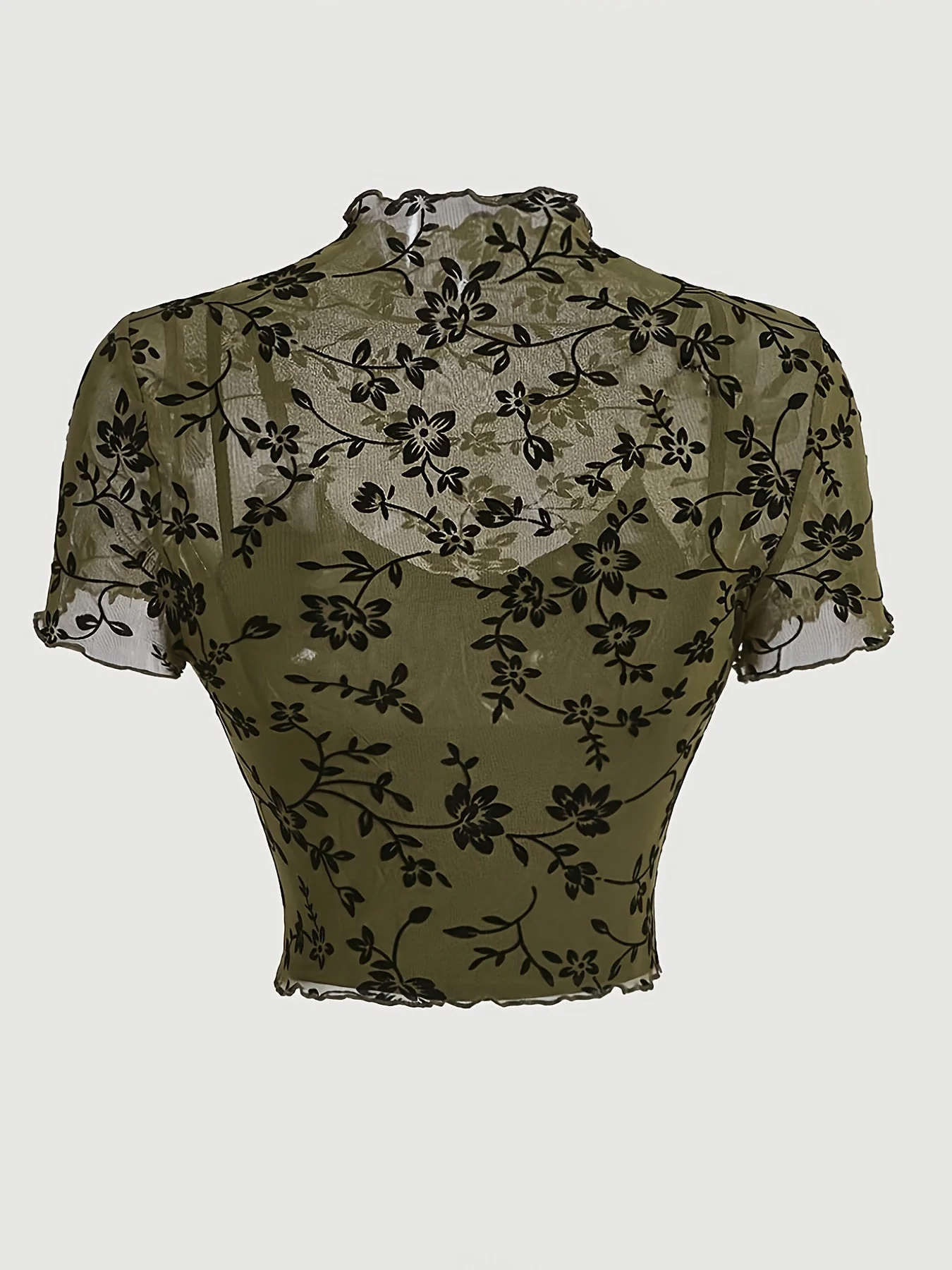 Top court femme style élégant imprimé floral transparent col montant - Image 3