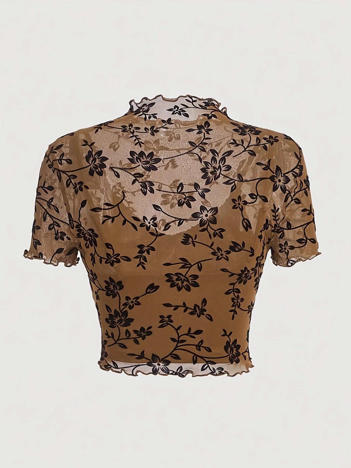 Top court femme style élégant imprimé floral transparent col montant - Image 4