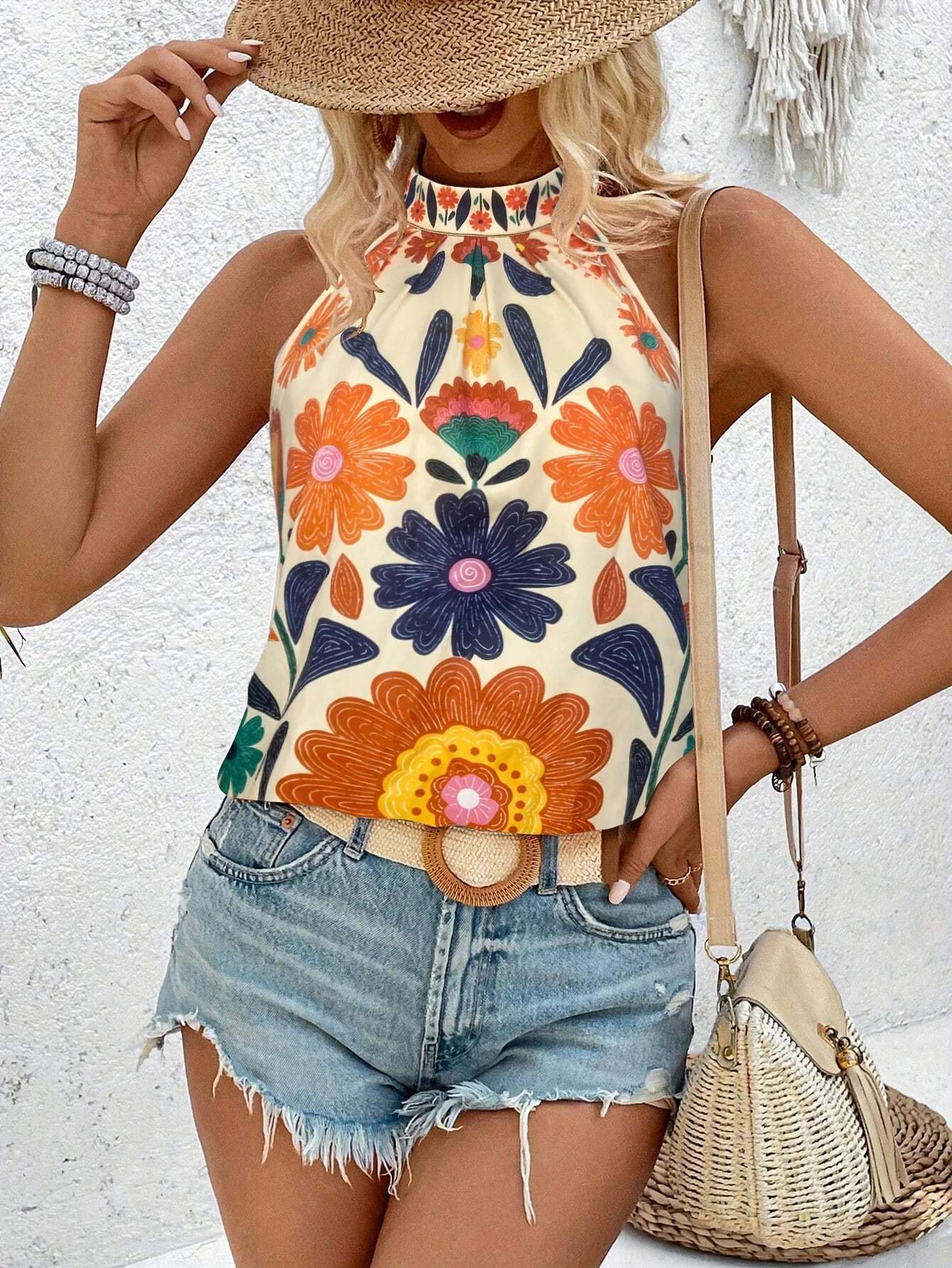 Top pour femme à imprimé floral style bohème chic sans manches - Idéal pour l'été et les vacances - Image 4