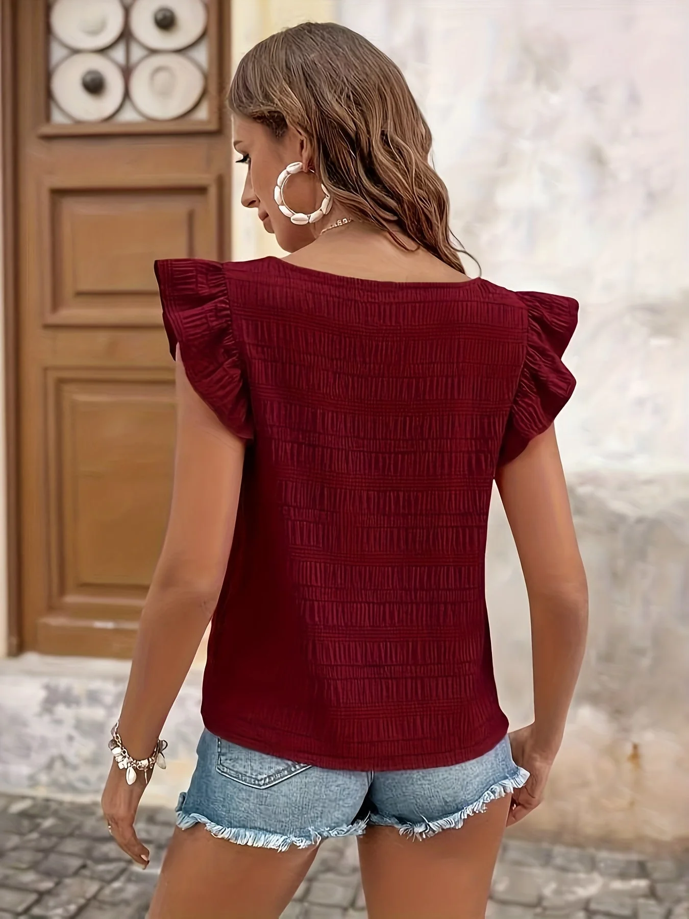 Top Femme Style Bohème à Volants Manches Courtes Décontracté Été - Image 10