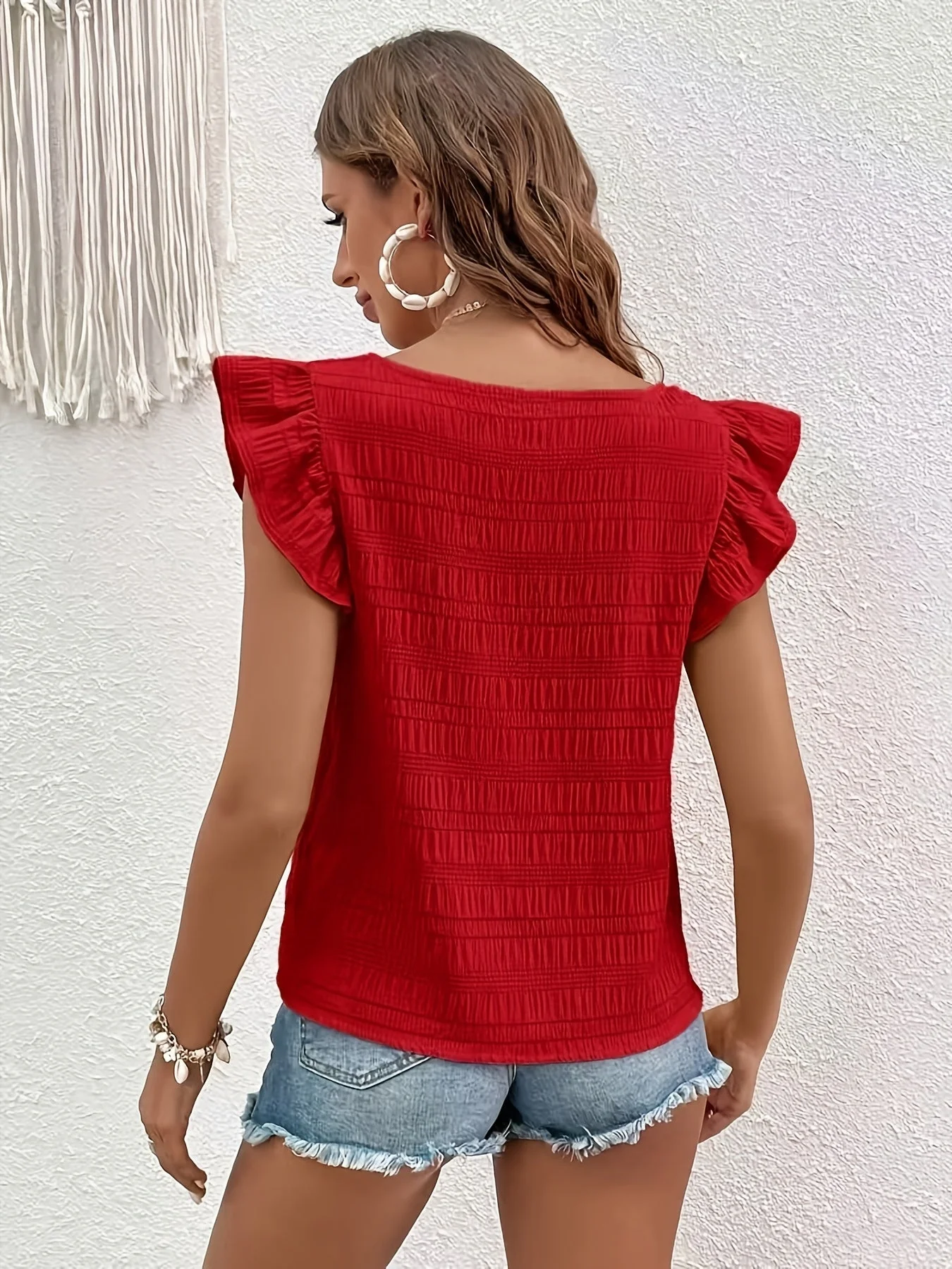 Top Femme Style Bohème à Volants Manches Courtes Décontracté Été - Image 8